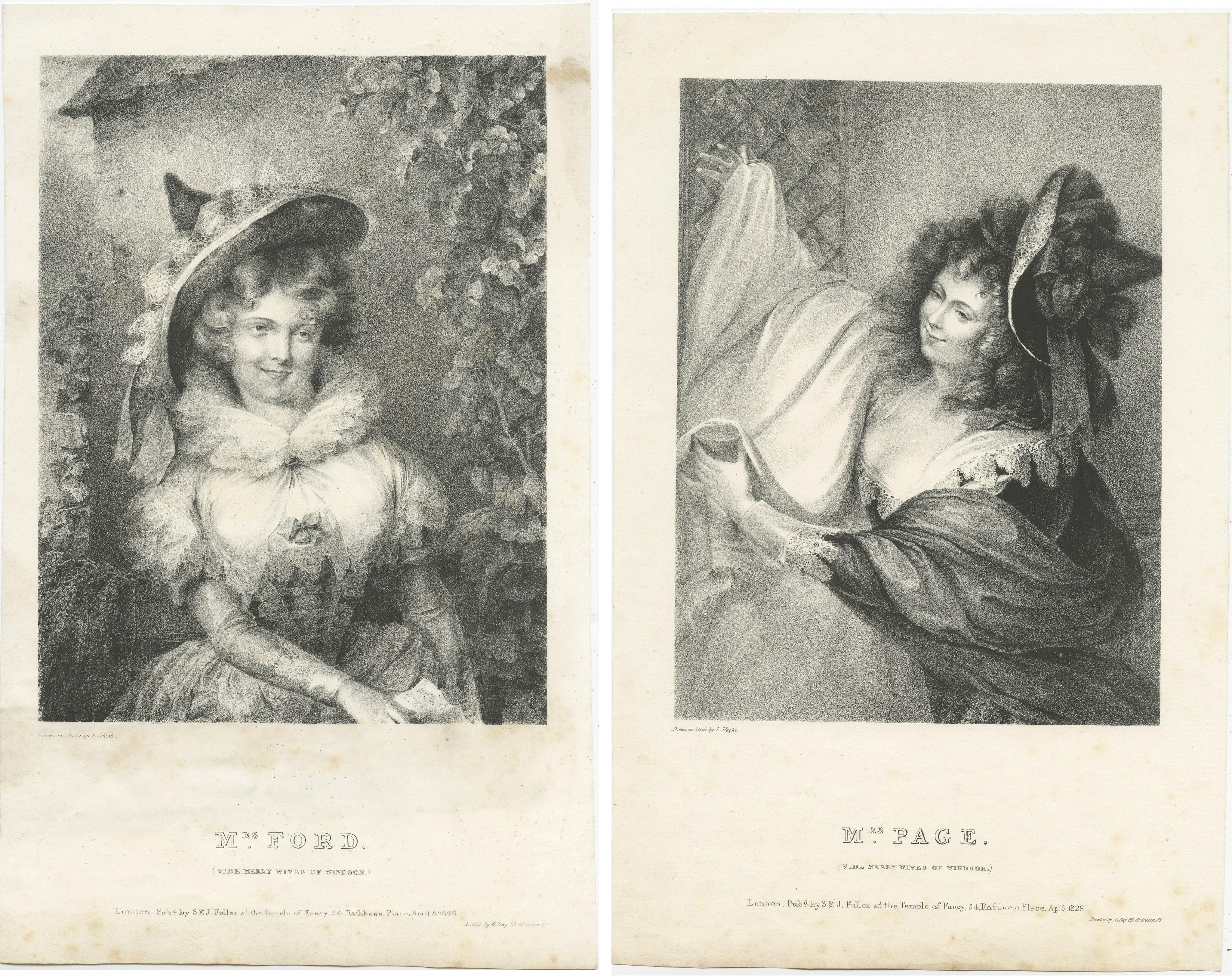 Set of 2 Antique Prints of two Characters of 'The Merry Wives of Windsor' In Fair Condition For Sale In Langweer, NL