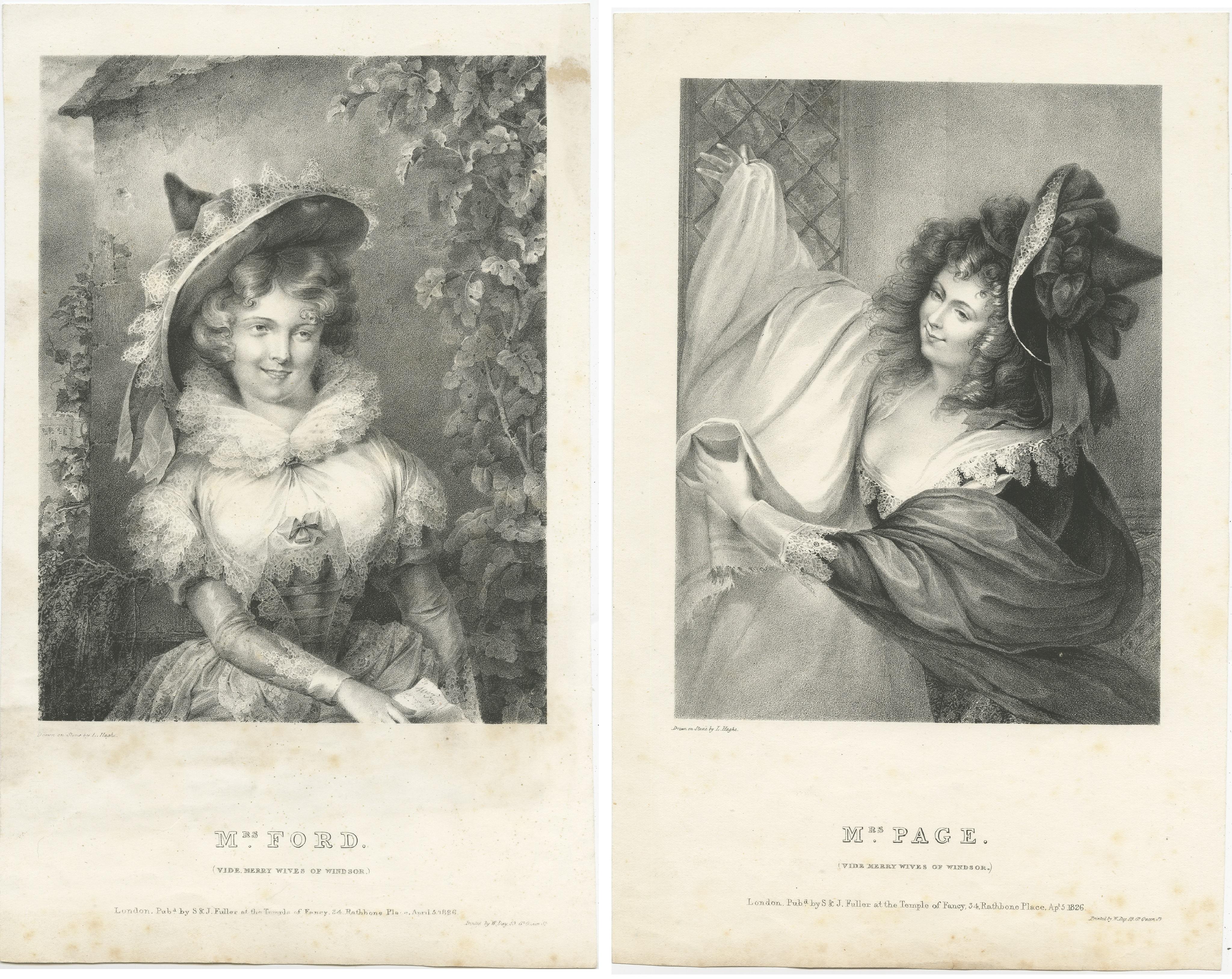 XIXe siècle Ensemble de 2 estampes anciennes de deux personnages de « The Merry Wives of Windsor » (les sirènes de Windsor) en vente