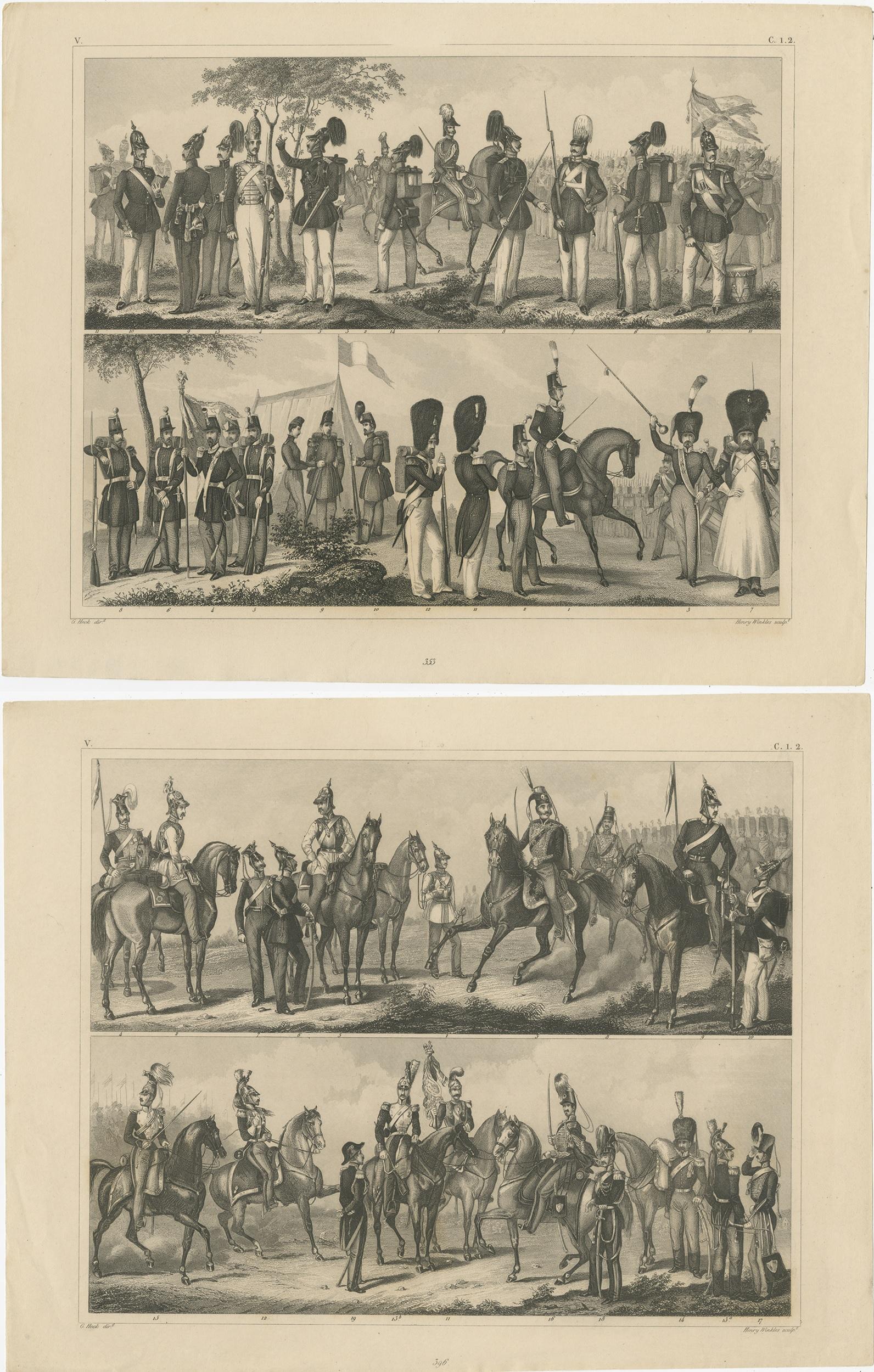Set of two antique prints of various soldiers. These prints originate from volume 5 of 'Bilder-Atlas zum Conversations-Lexikon' by Johann George Heck. Published 1849.