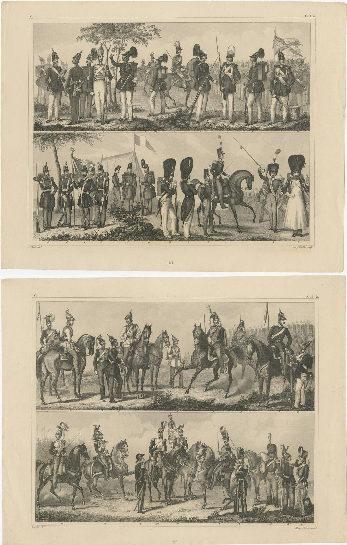 Set of 2 Antique Prints of Various Soldiers by Heck '1849'