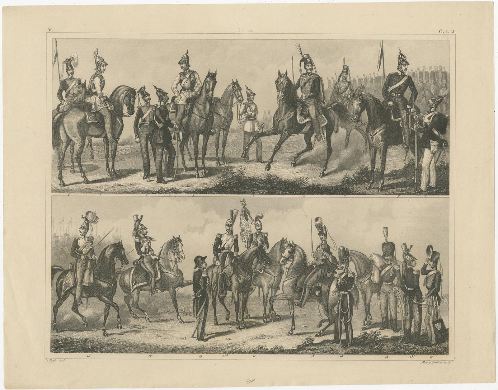 Set of 2 Antique Prints of Various Soldiers by Heck '1849' In Fair Condition For Sale In Langweer, NL