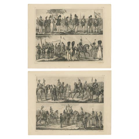 Set of 2 Antique Prints of Various Soldiers by Heck '1849'