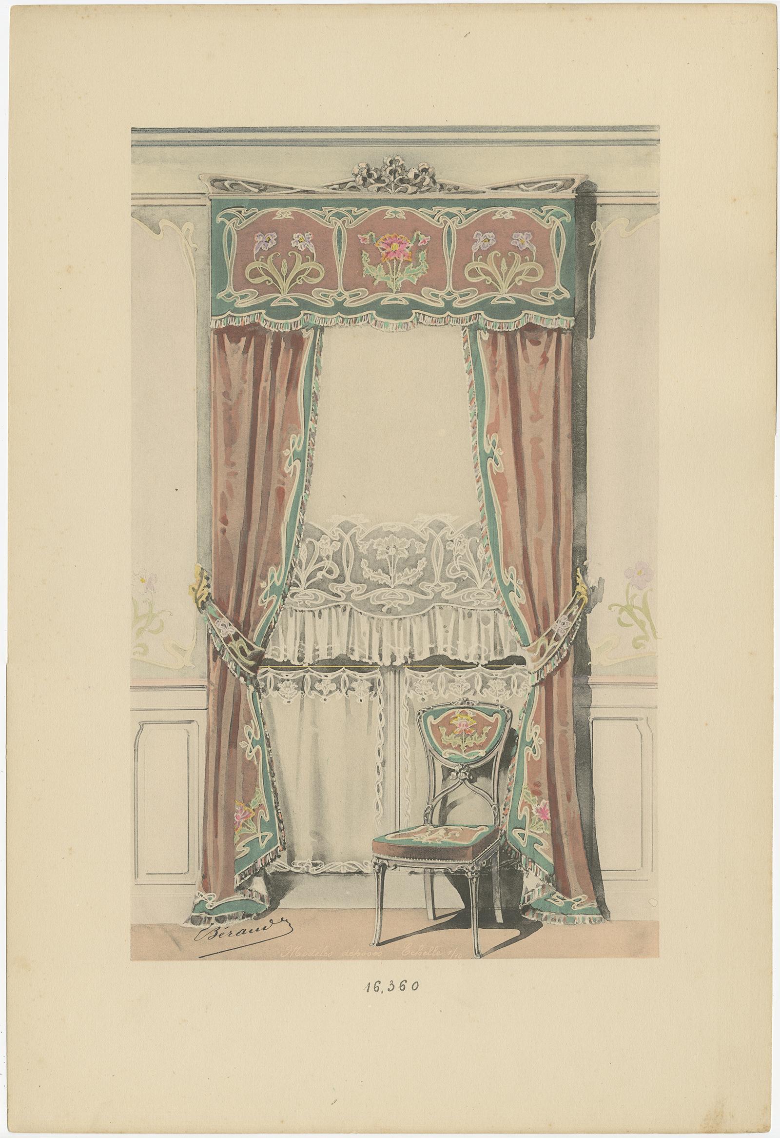 Set of two antique prints of window dressings and furniture. Draw, by Monsieur Beraud, published circa 1890.