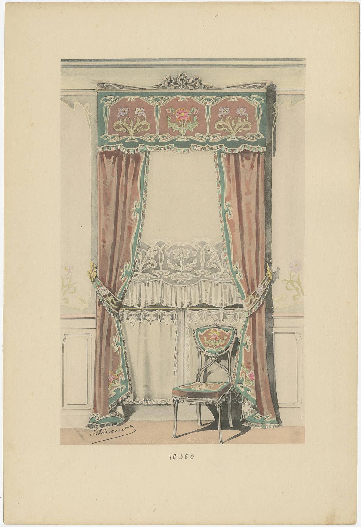 Set of 2 Antique Prints of Window Dressings and Furniture by Beraud, 'c.1890'