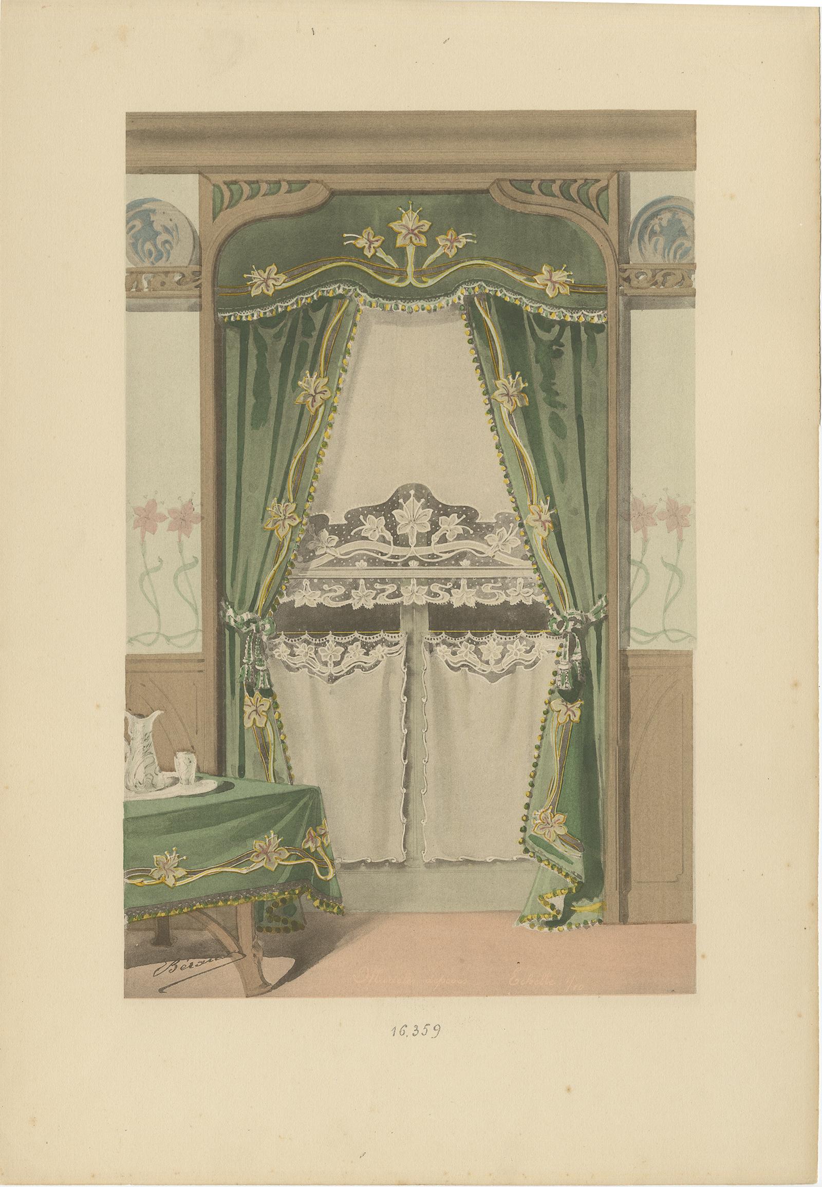 Set of 2 Antique Prints of Window Dressings and Furniture by Beraud, 'c.1890' In Good Condition For Sale In Langweer, NL