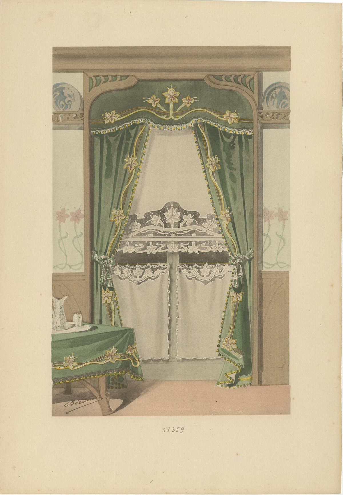 Set of 2 Antique Prints of Window Dressings and Furniture by Beraud, 'c.1890'