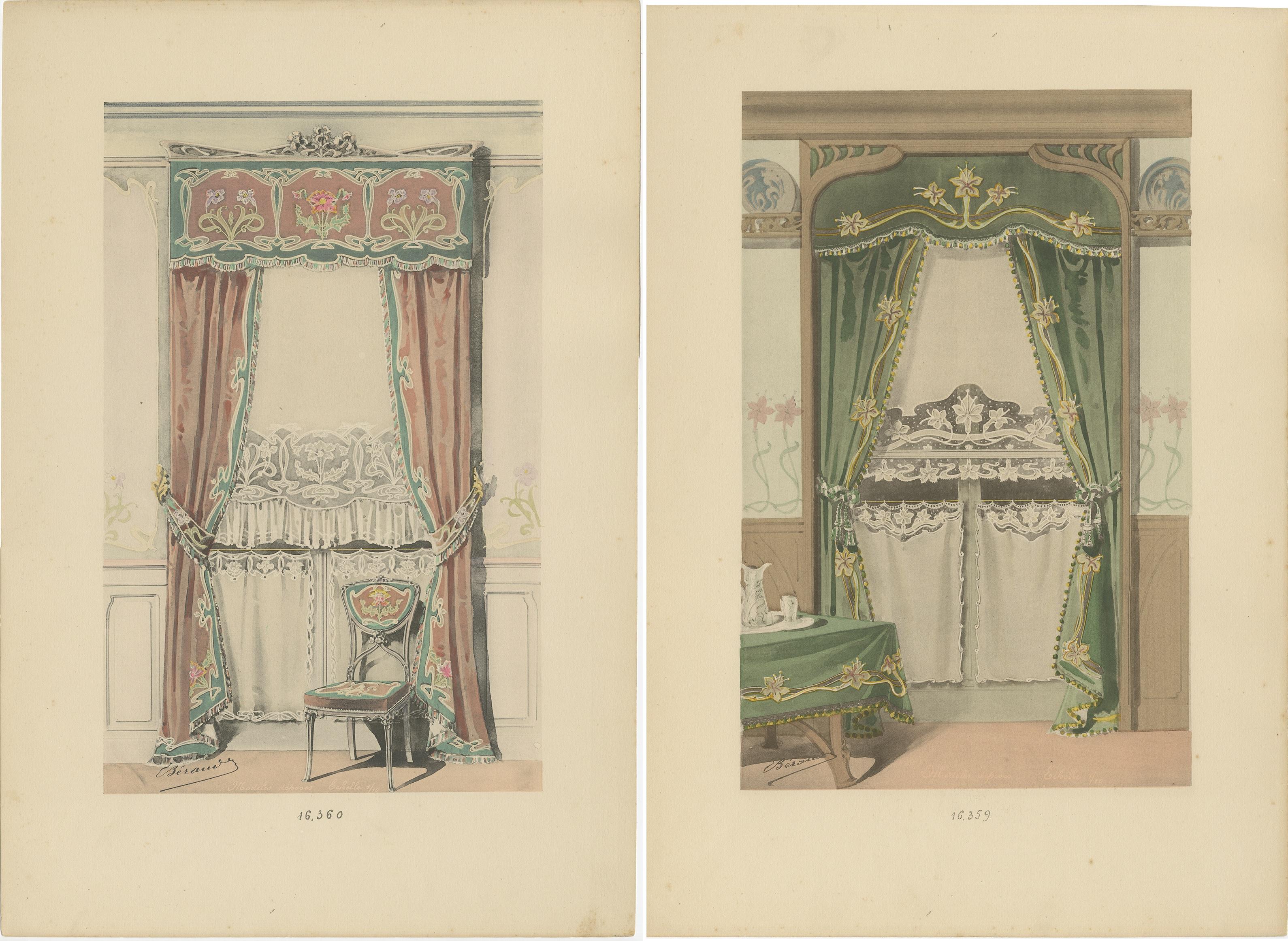 19th Century Set of 2 Antique Prints of Window Dressings and Furniture by Beraud, 'c.1890' For Sale