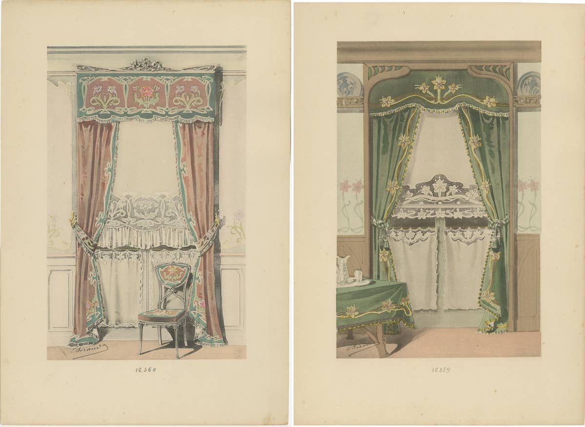 Set of 2 Antique Prints of Window Dressings and Furniture by Beraud, 'c.1890'