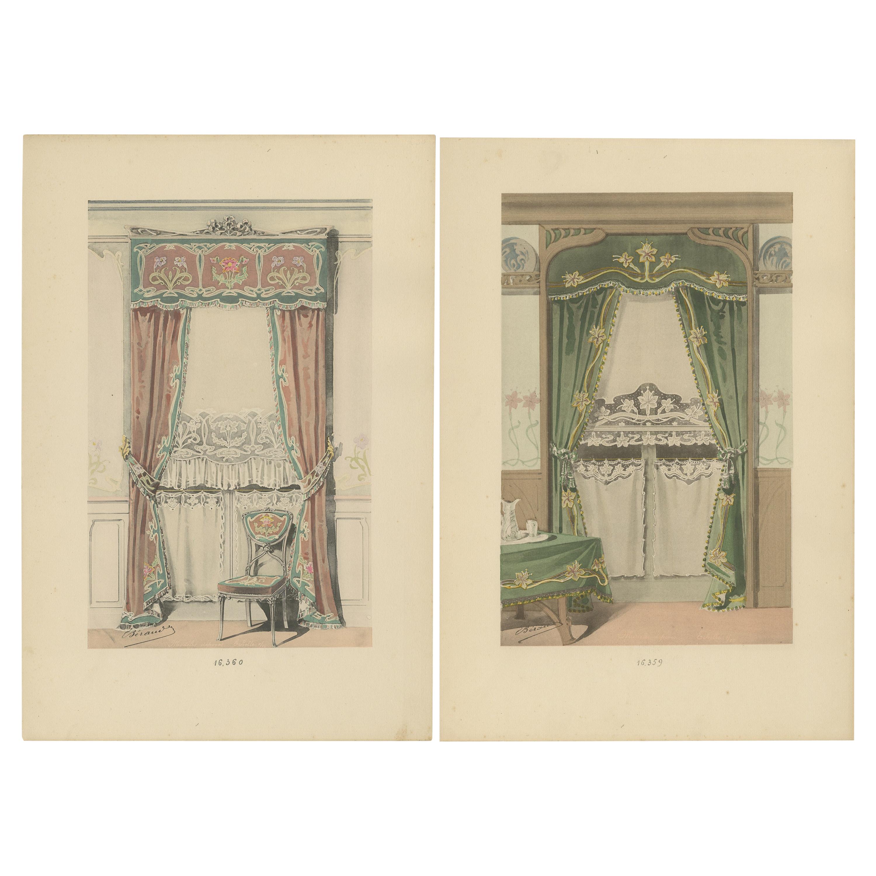 Set of 2 Antique Prints of Window Dressings and Furniture by Beraud, 'c.1890' For Sale