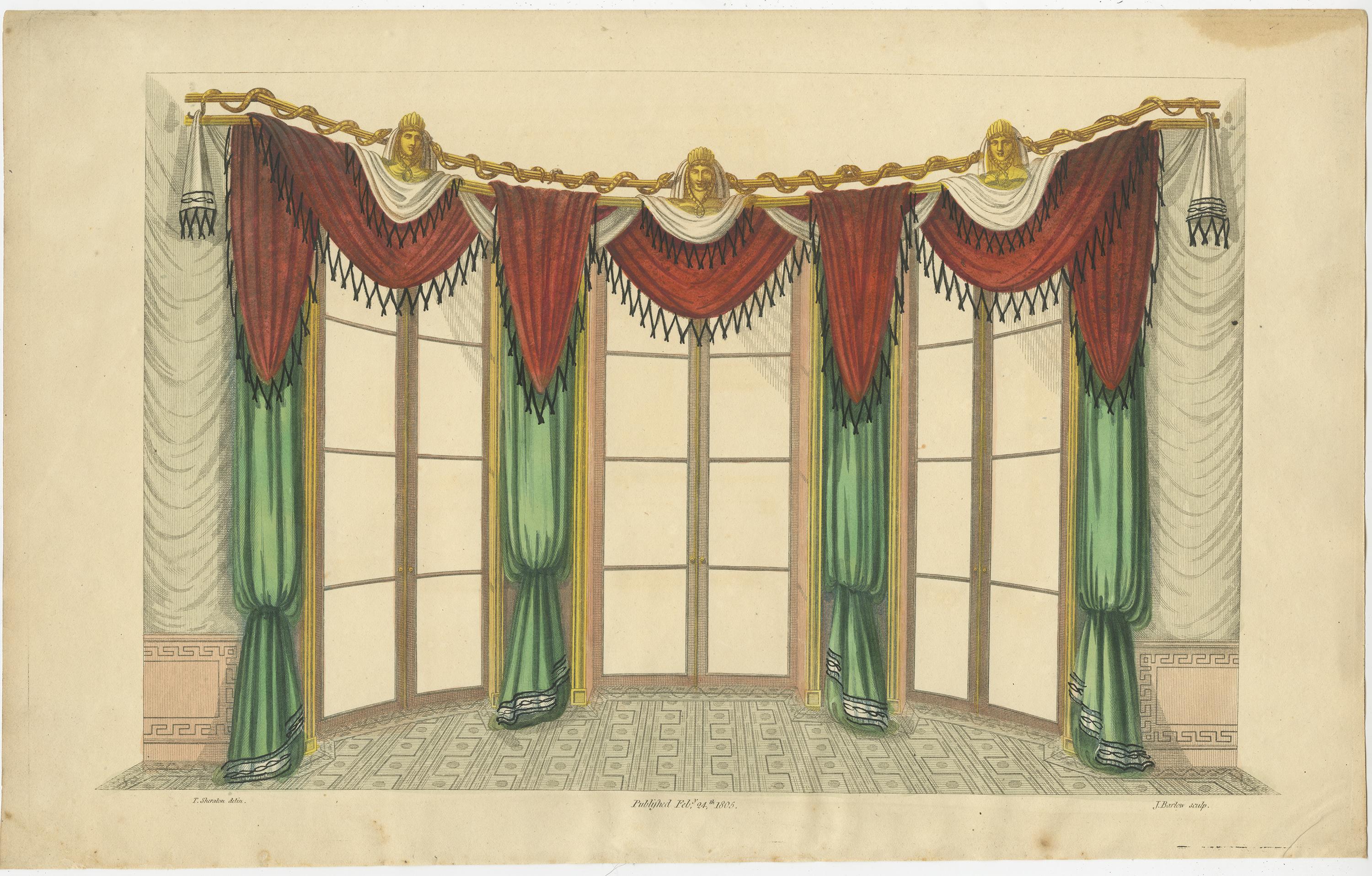 Set of two antique prints of windows and drapery. These prints originate from 'The General Artist's Encyclopaedia' by Thomas Sheraton. Published 1803-1805.