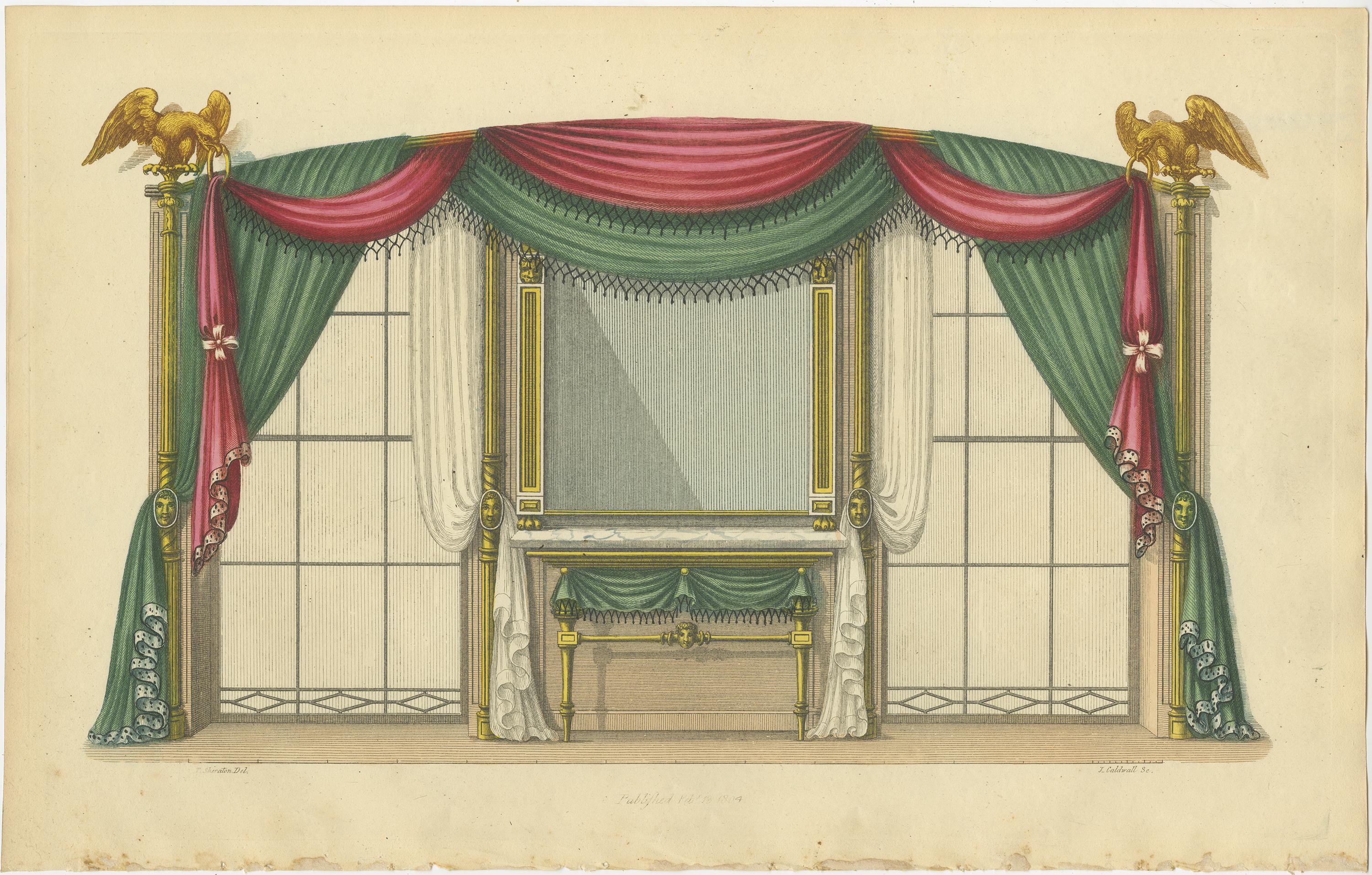 Set of 2 Antique Prints of Windows and Drapery by Sheraton '1805' In Good Condition For Sale In Langweer, NL