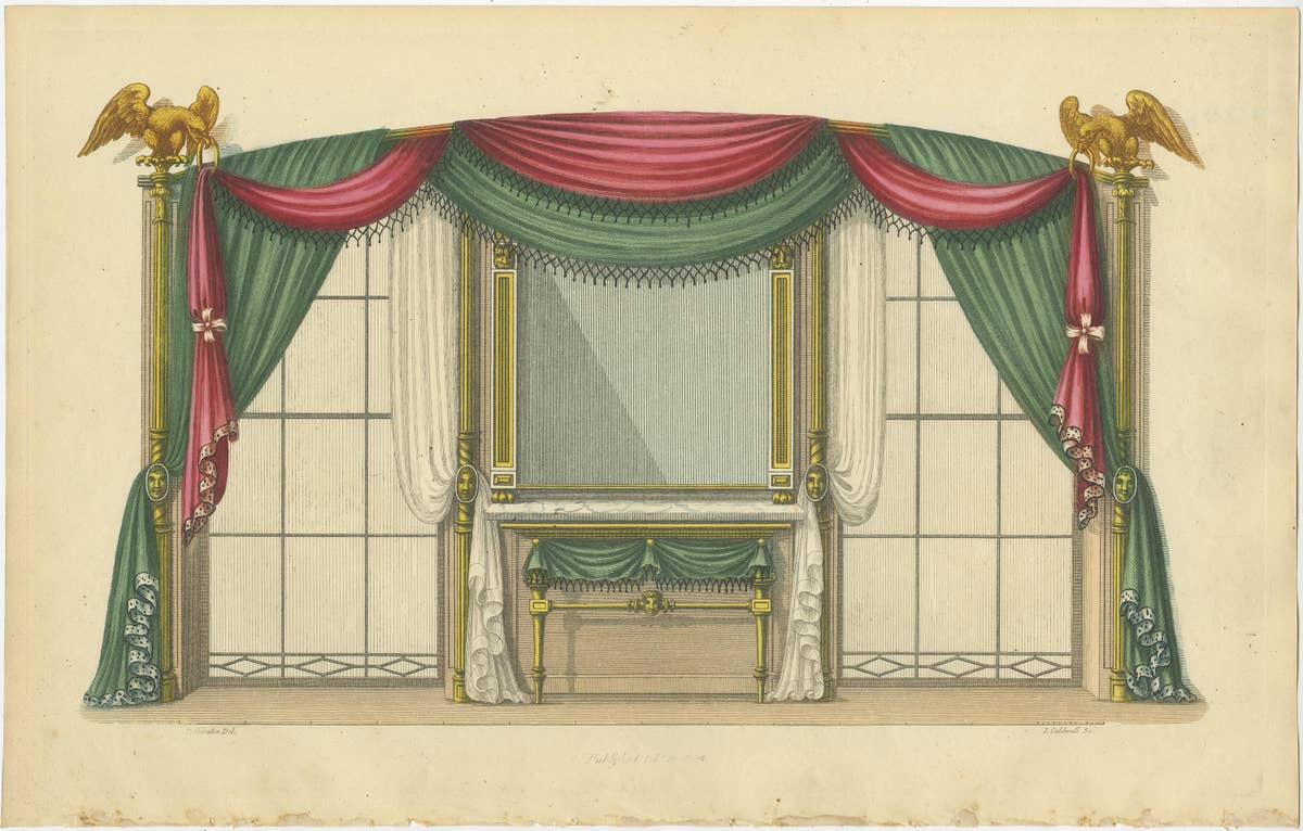 Set of 2 Antique Prints of Windows and Drapery by Sheraton '1805'