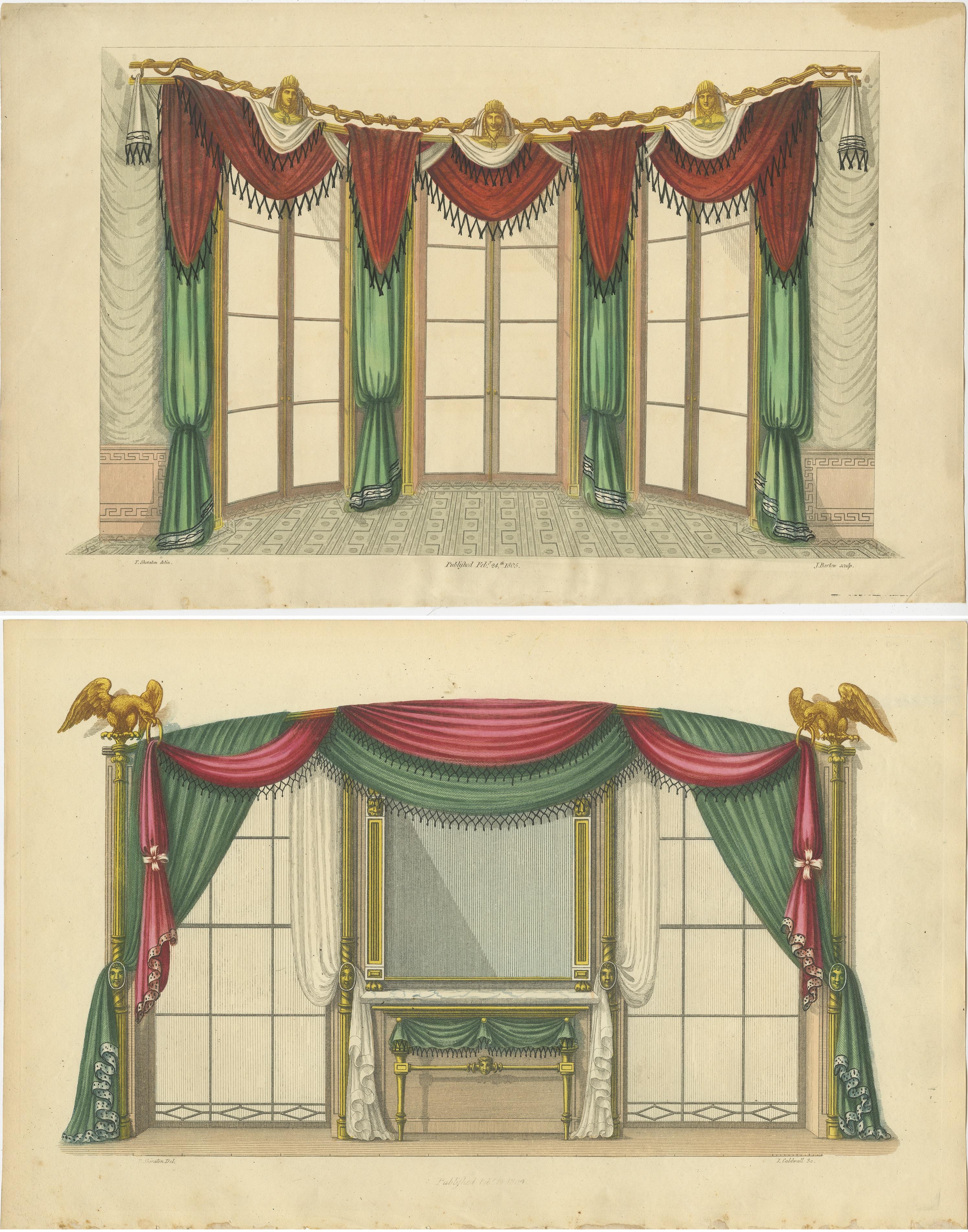 19th Century Set of 2 Antique Prints of Windows and Drapery by Sheraton '1805' For Sale