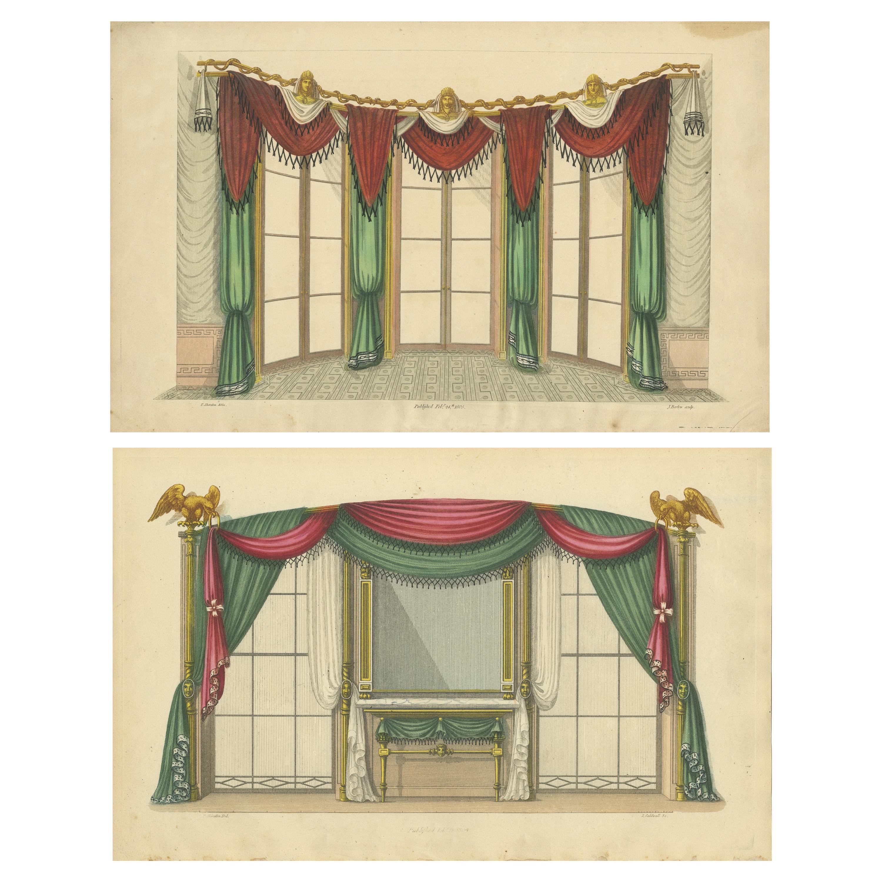 Set of 2 Antique Prints of Windows and Drapery by Sheraton '1805' For Sale