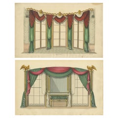 Ensemble de 2 estampes anciennes de fenêtres et de draperies par Sheraton '1805'