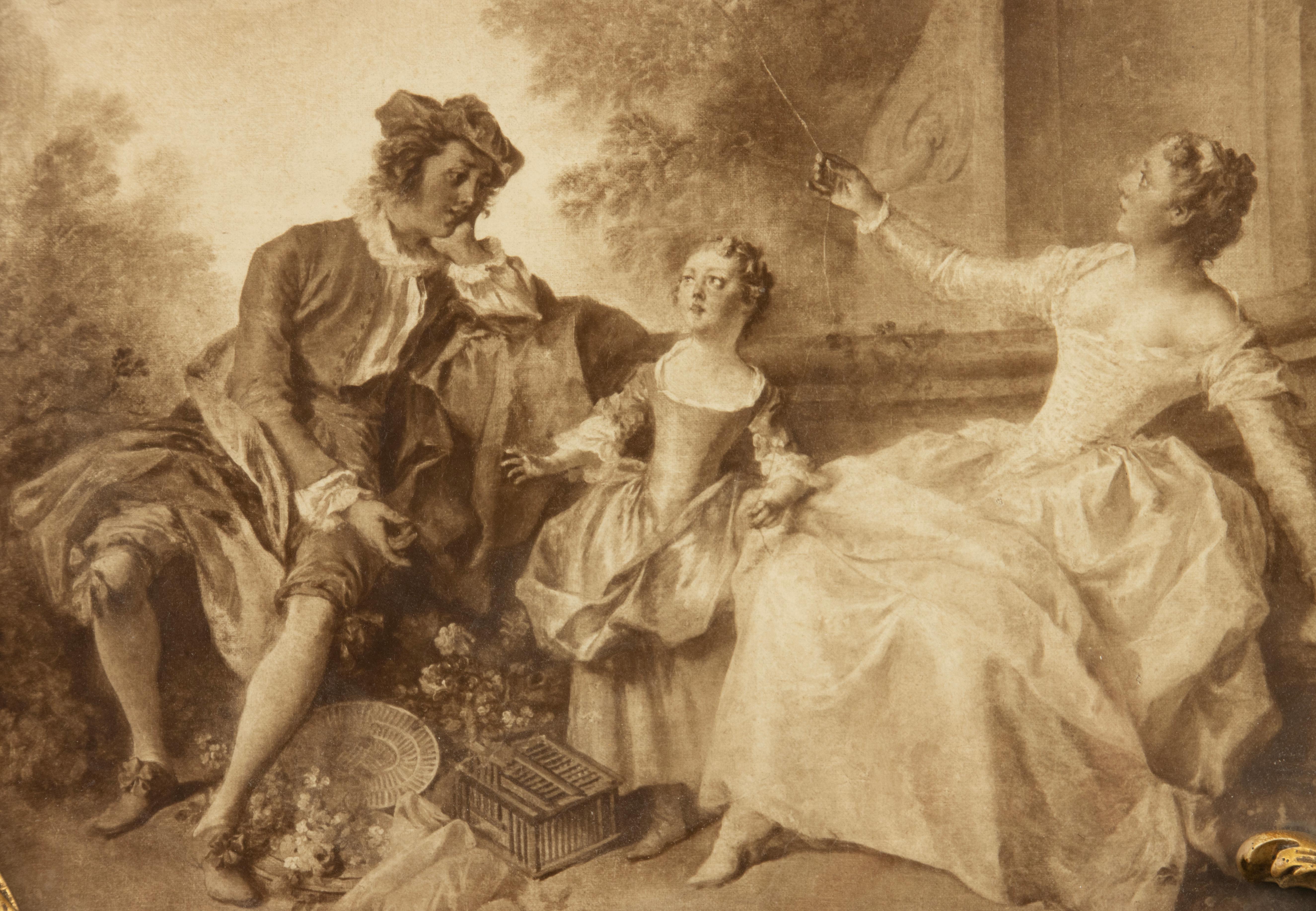 Hand-Crafted Set of 2 Antique Prints - Romantic Scened - Rococo Style - Late 19th Century For Sale