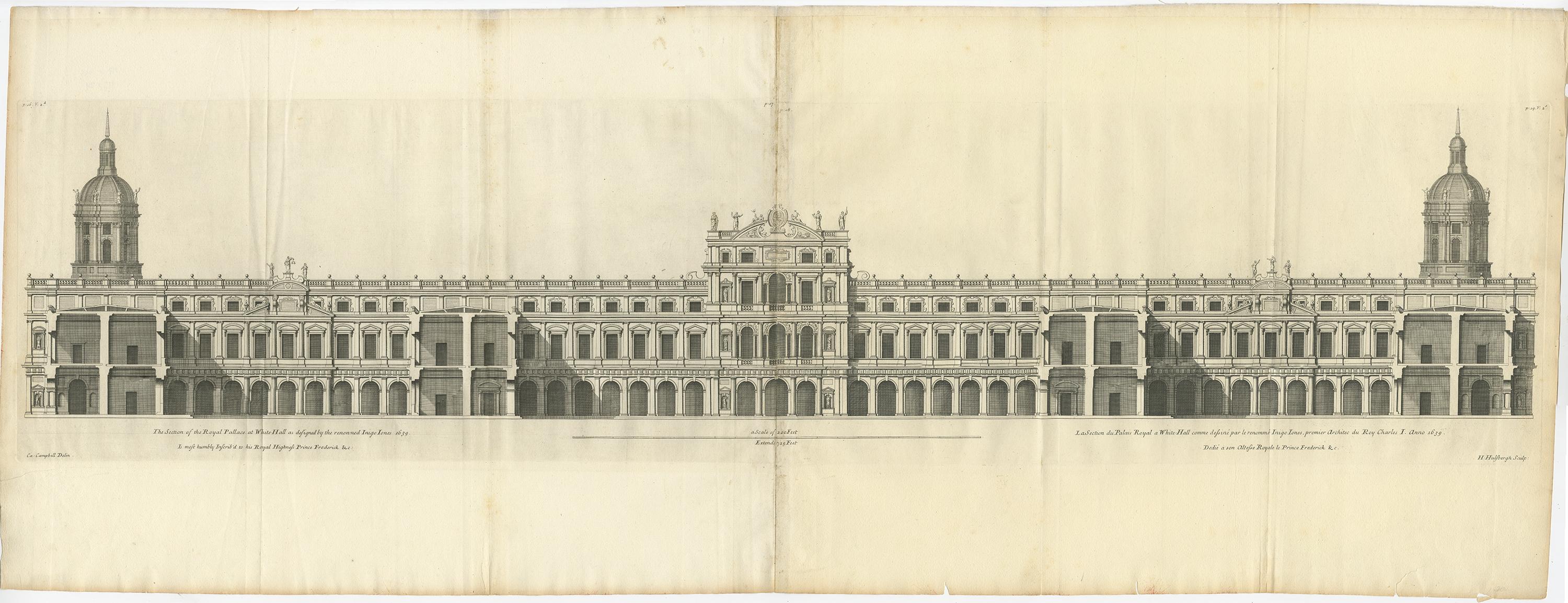 Set of two antique prints titled 'The Section of the Royal Pallace at White Hall (..)'. Original antique prints with designs for the Palace of Whitehall at Westminster, Middlesex. These prints originate from 'Vitruvius Britannicus' by Colen