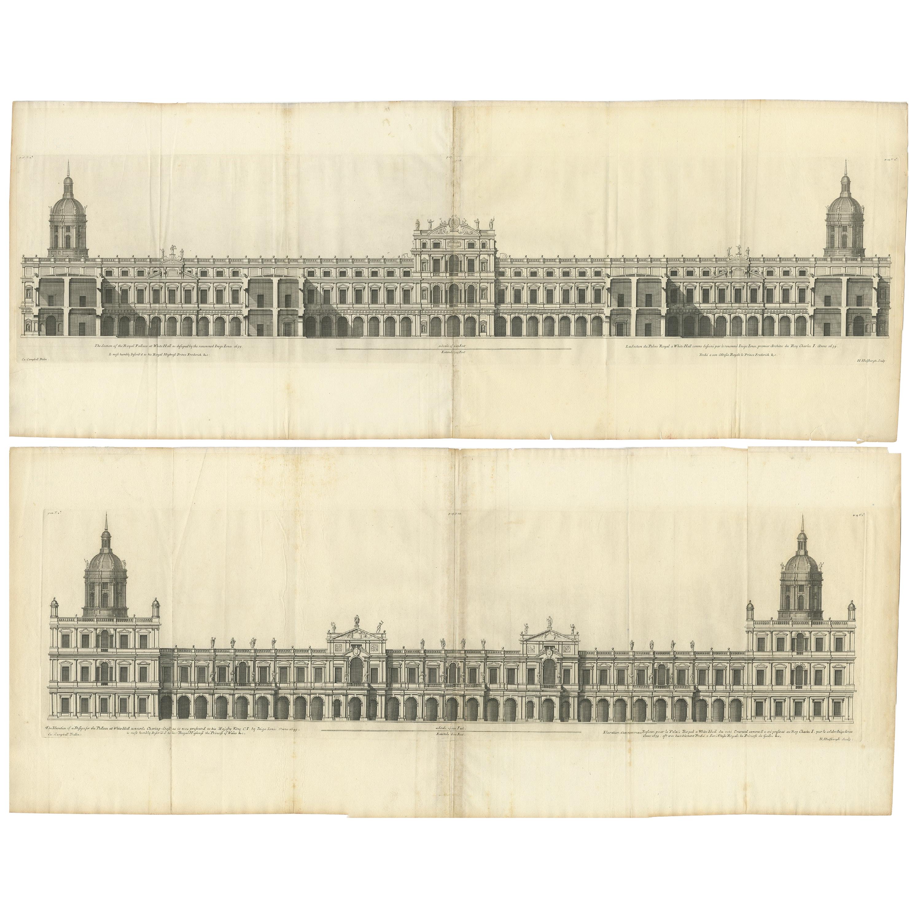 Set of 2 Antique Prints with Designs for the Palace at Whitehall by Campbell