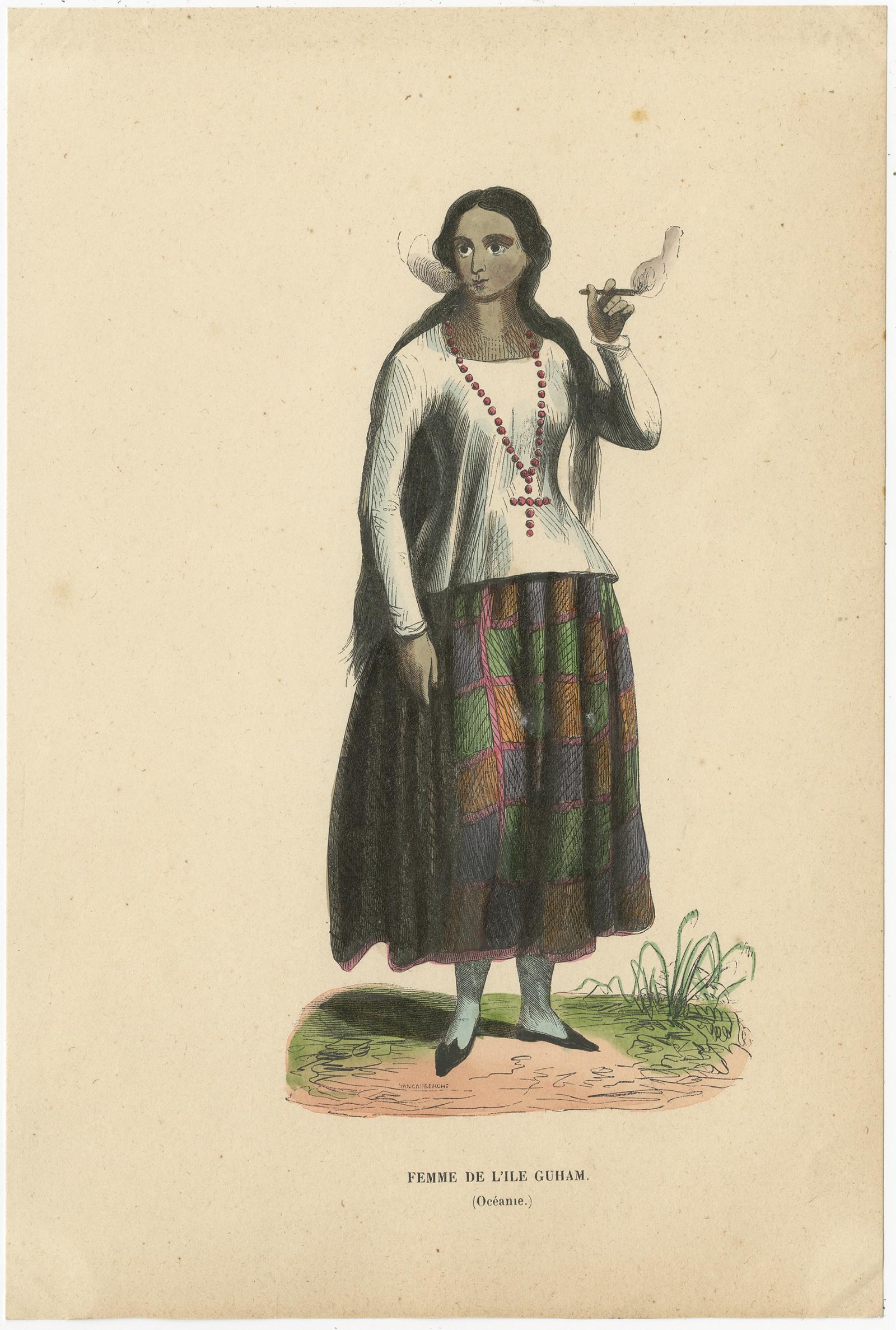 1.Antique print titled 'Femme des Iles Carolines'. Lithograph of a female of the Caroline Islands, a widely scattered archipelago of tiny islands in the western Pacific Ocean, to the north of New Guinea. This print originates from 'Histoire