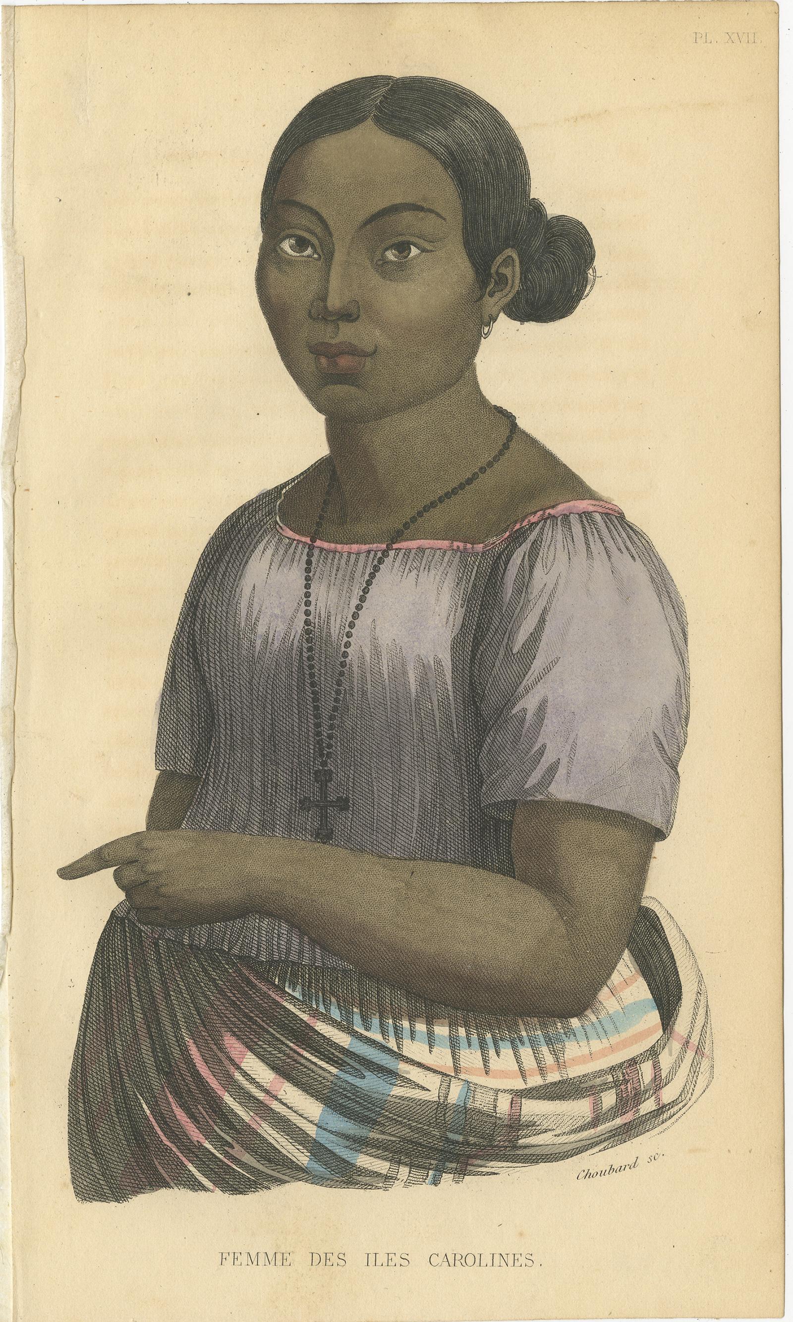 Set of 2 Antique Prints Woman of Guam & Caroline Islands, 1843 In Good Condition For Sale In Langweer, NL