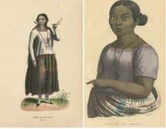 2er-Set antiker Drucke Frau mit Guam und Caroline-Inseln, 1843