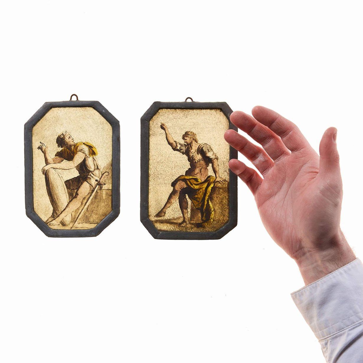 A set of 2 antique stained glass panels of Neoclassical figures. Dating to circa 1780, these stained glass panels have stood the test of time; each one showcases precision, detail and good quality craftsmanship.

Figures are displayed in various