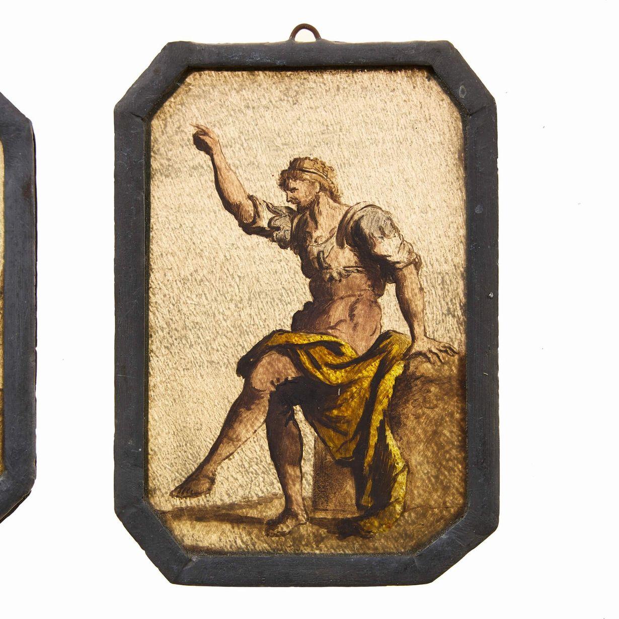 Set of 2 Antique Stained Glass Panels of Neoclassical Figures In Fair Condition For Sale In Wormelow, Herefordshire