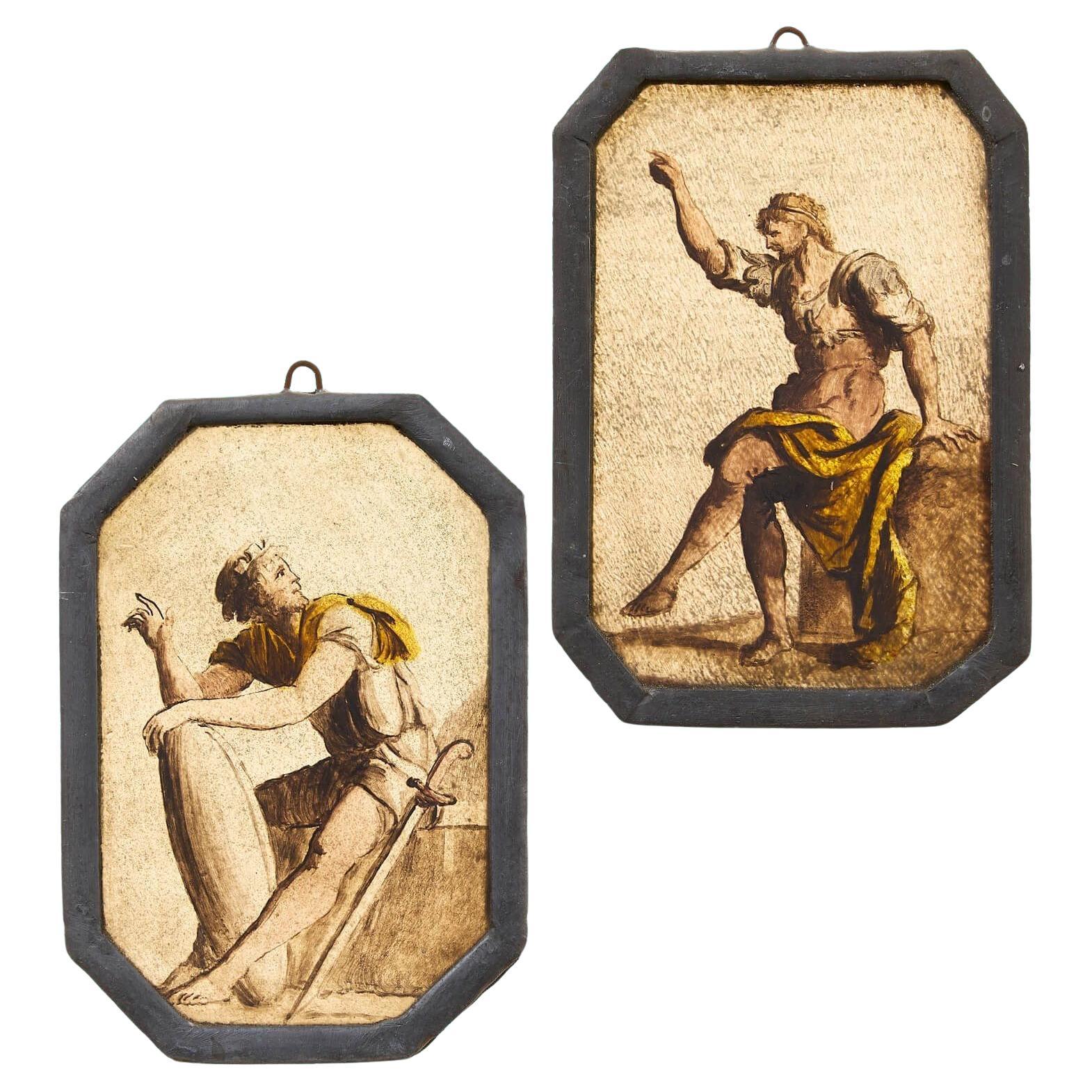 Set of 2 Antique Stained Glass Panels of Neoclassical Figures For Sale