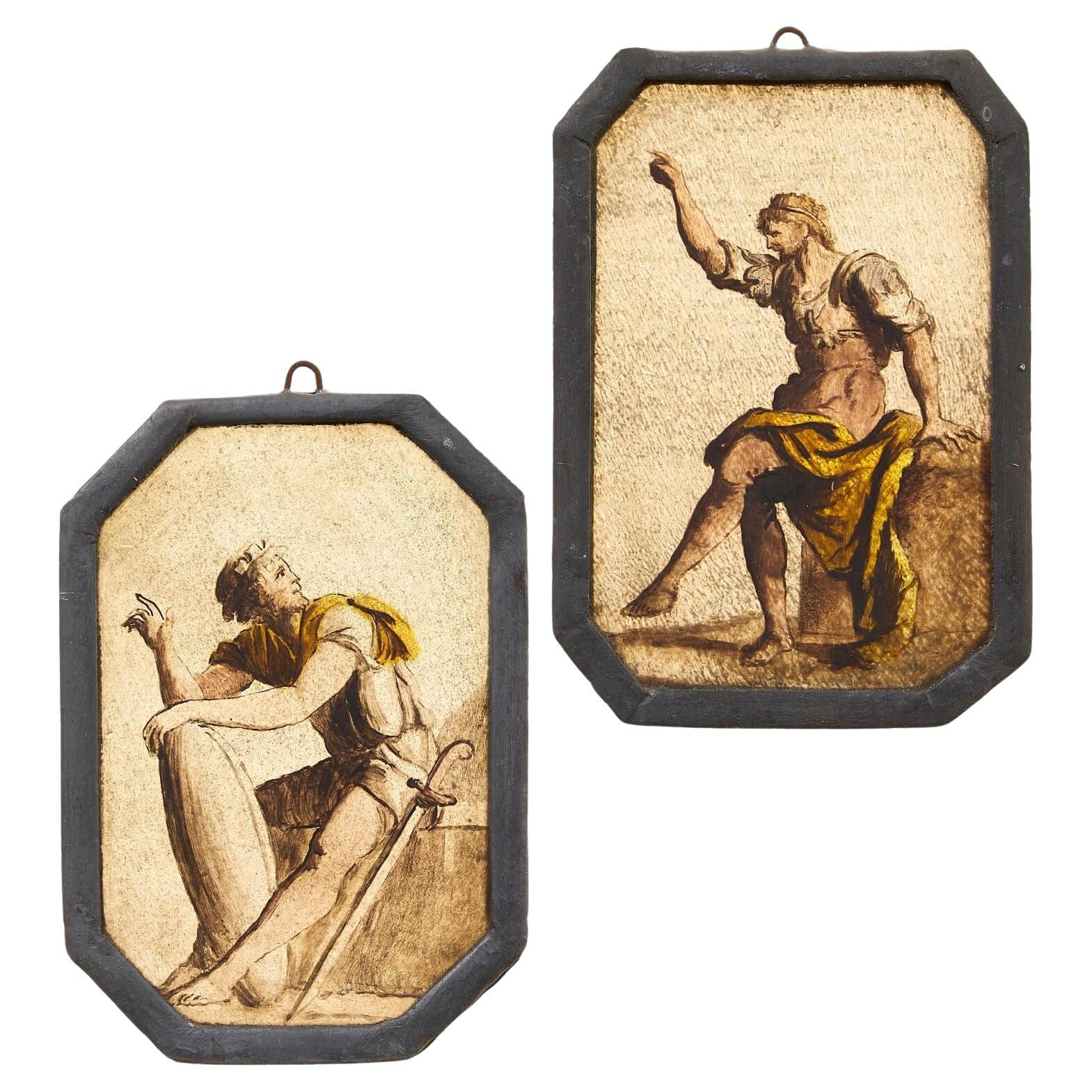 Set di 2 pannelli in vetro colorato antico con figure neoclassiche