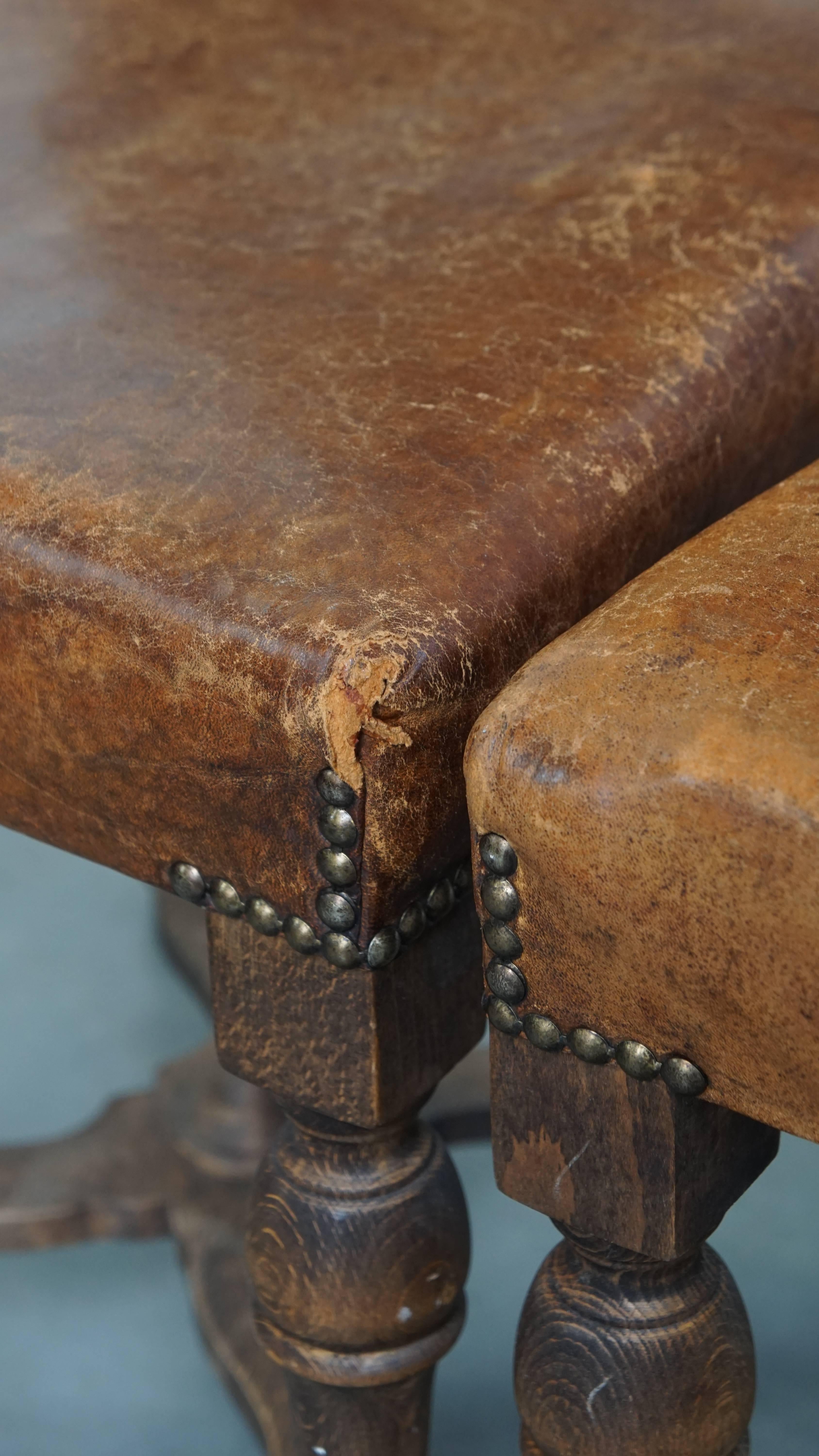 Set of 2 Antique Wooden and Sheepskin Leather Dining Chairs from the Early 1900s For Sale 4