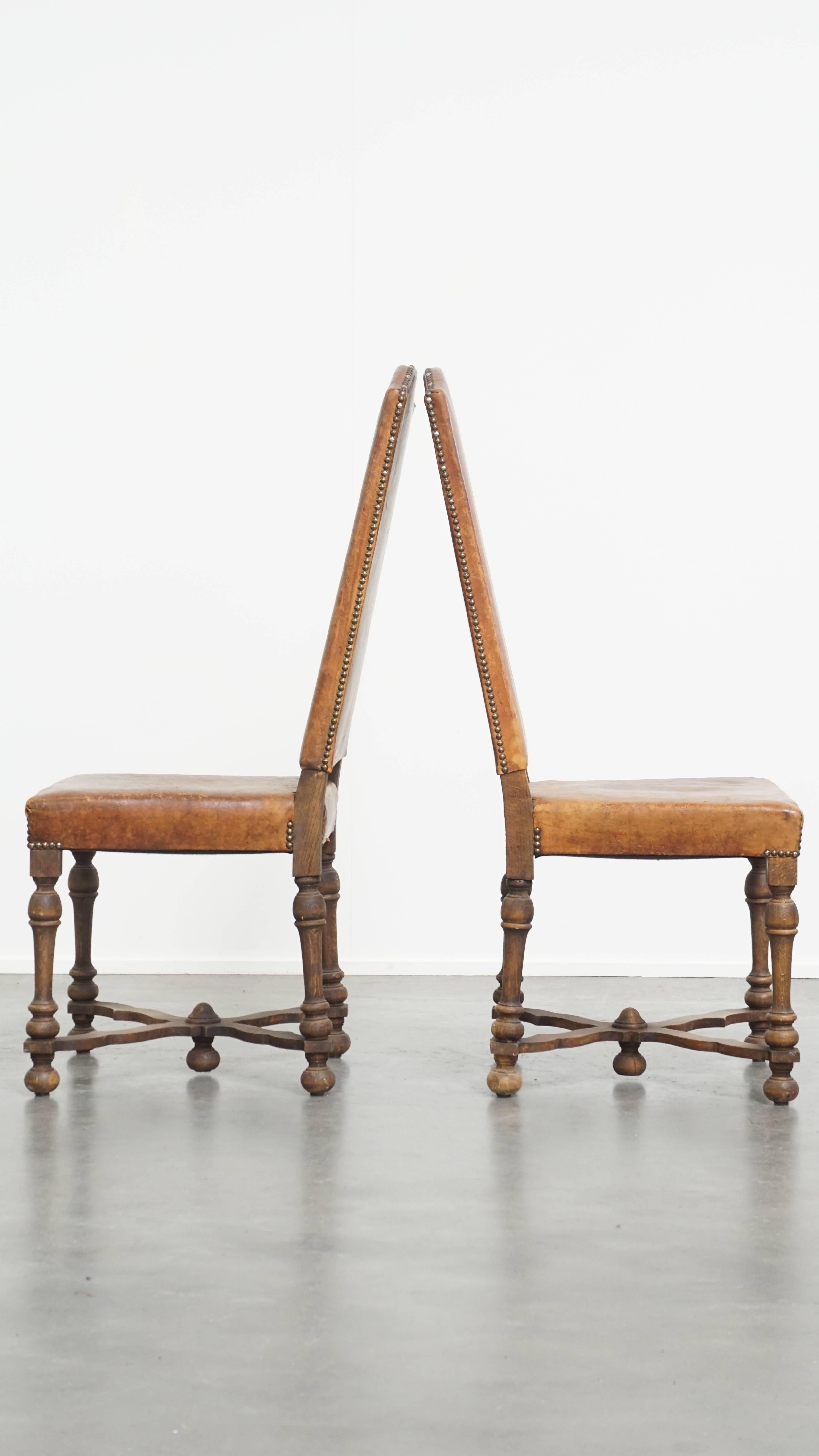 Hand-Crafted Set of 2 Antique Wooden and Sheepskin Leather Dining Chairs from the Early 1900s For Sale
