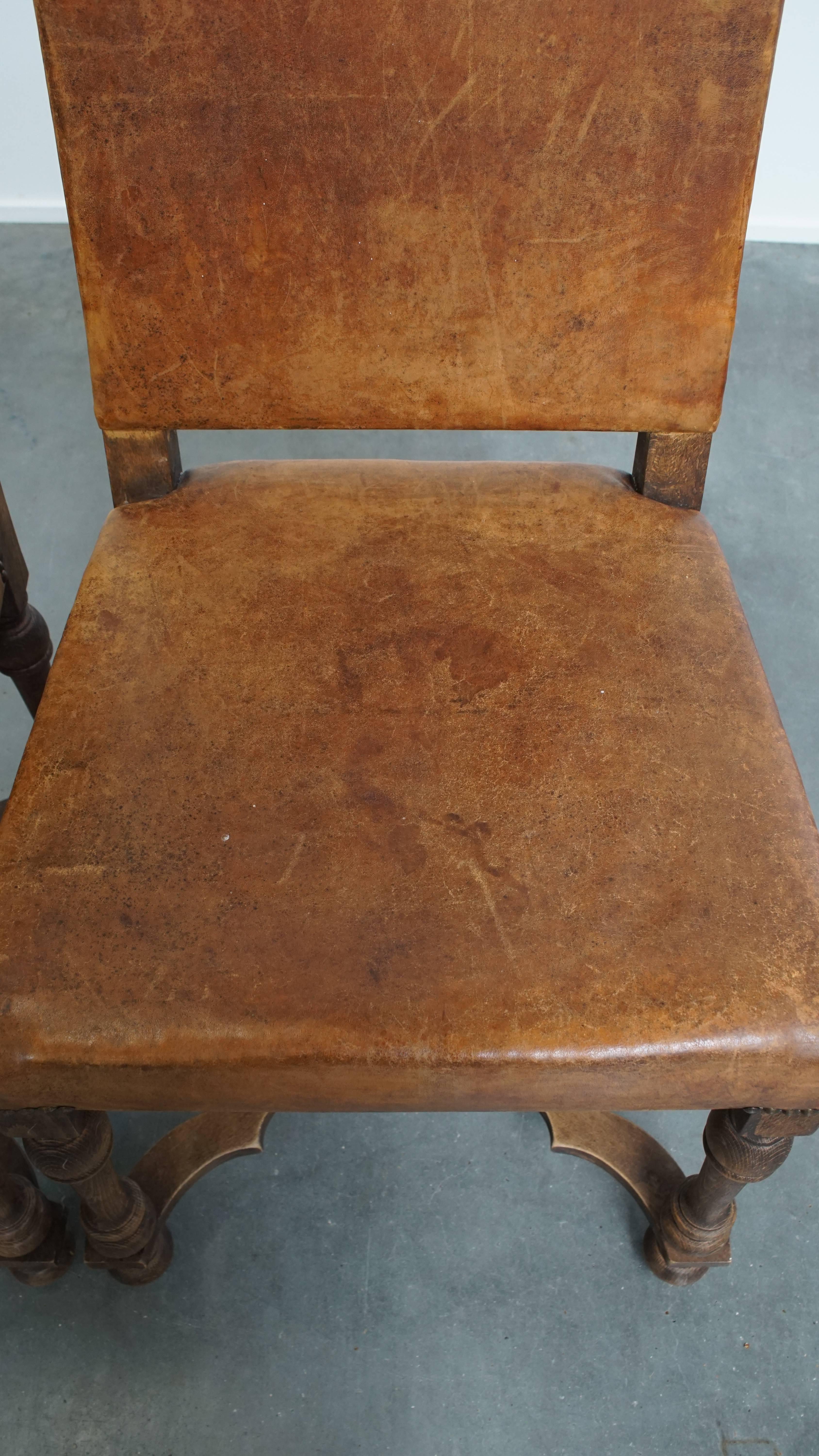 20th Century Set of 2 Antique Wooden and Sheepskin Leather Dining Chairs from the Early 1900s For Sale