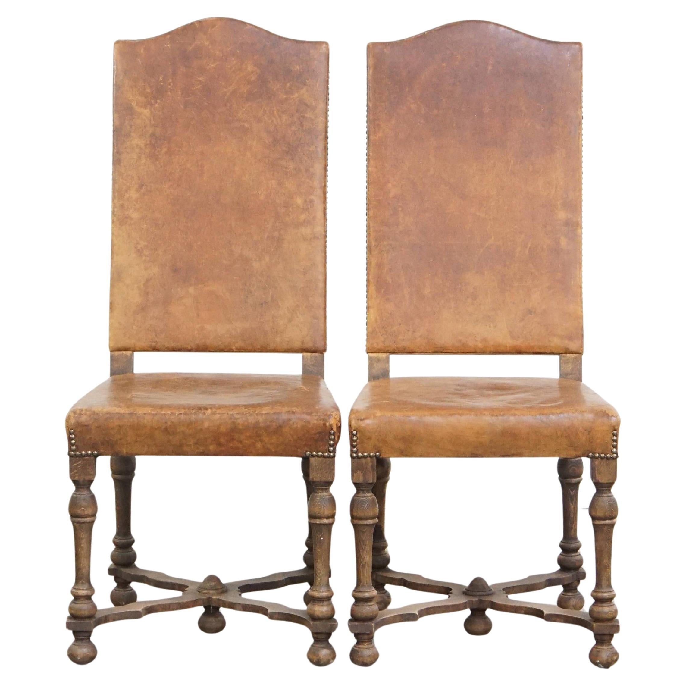 Set of 2 Antique Wooden and Sheepskin Leather Dining Chairs from the Early 1900s For Sale