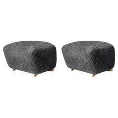 Set of 2 Antrachite Natural Oak Sheepskin the Tired Man Footstools by Lassen