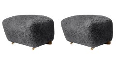 Set of 2 Antrachite Smoked Oak Sheepskin the Tired Man Footstools by Lassen