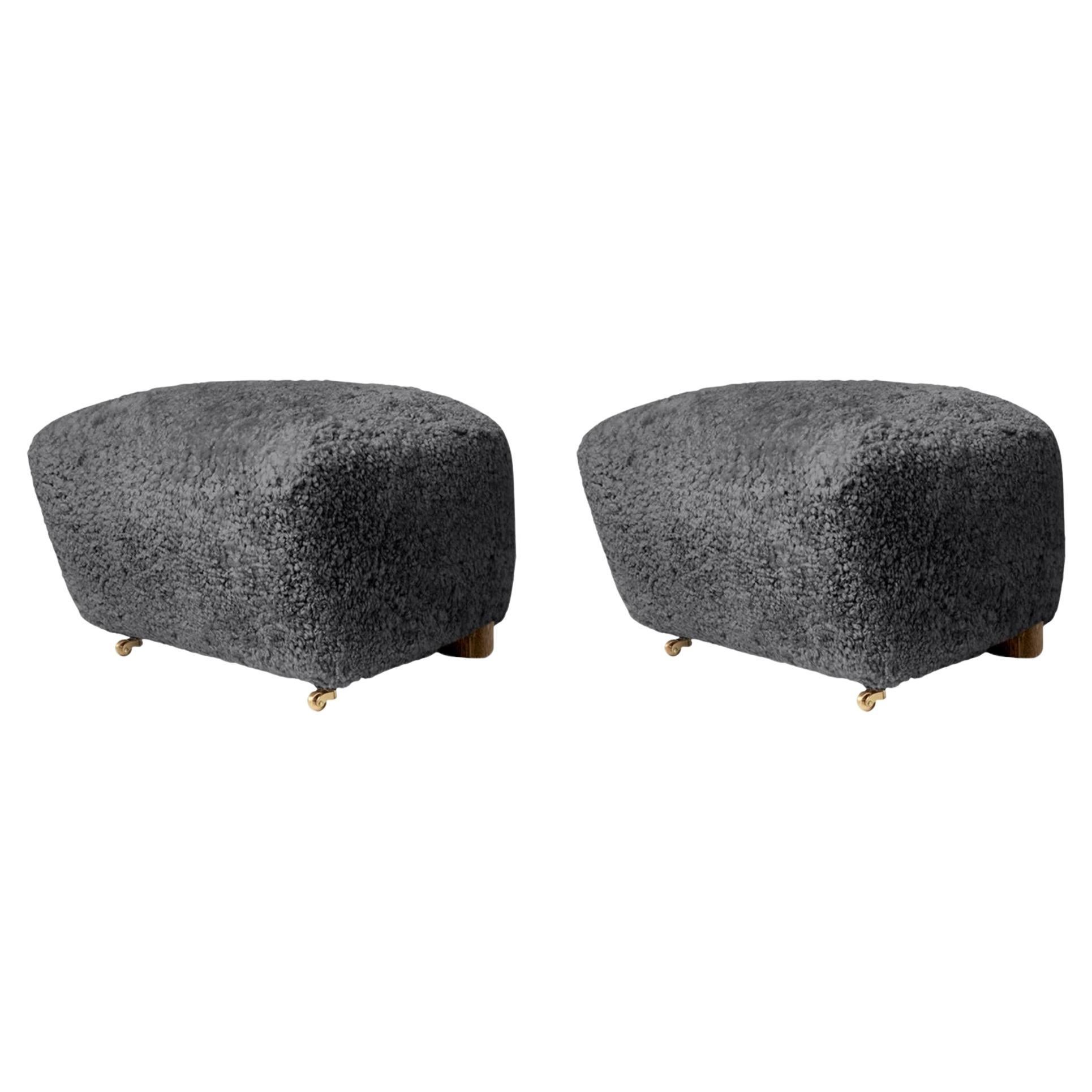 Set of 2 Antrachite Smoked Oak Sheepskin the Tired Man Footstools by Lassen For Sale