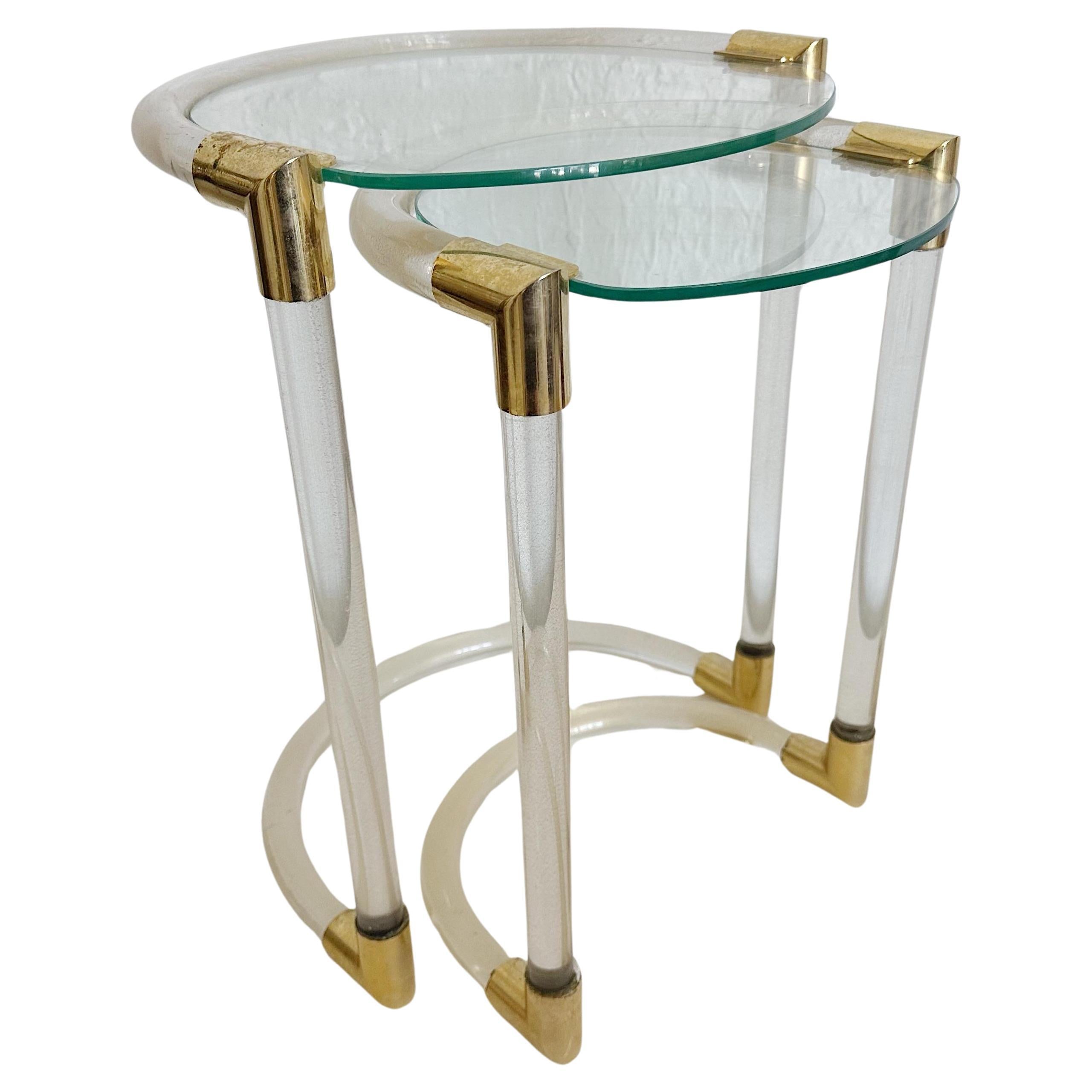 Set of 2 Archimede Seguso Brass and Glass Nesting Tables, Italy, 1950s