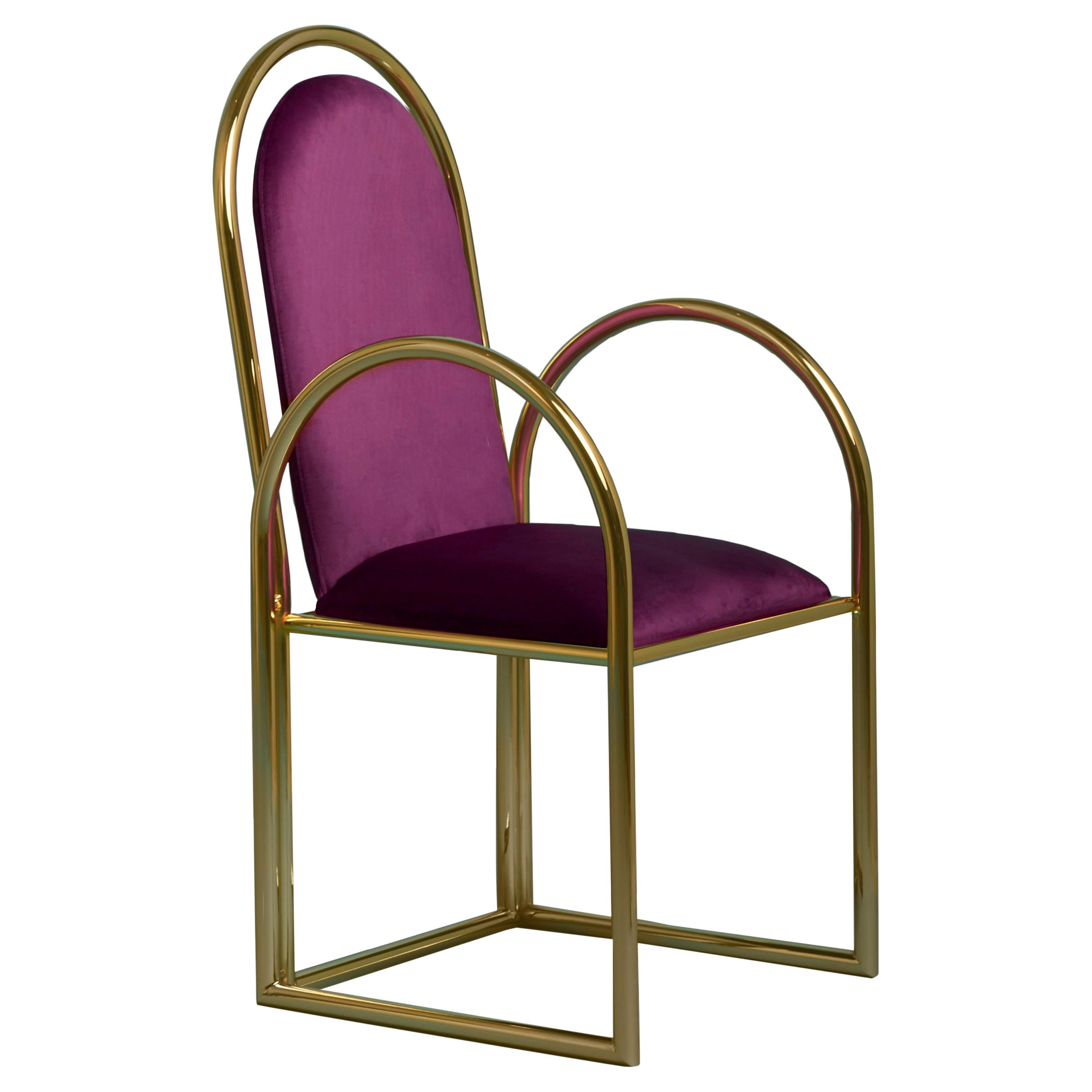 Set of 2 Arco chairs by Houtique
Materials: Metallic structure bathed in 24 Ct gold // epoxy paint
 Upholstery Velvet
Dimensions: 47 x 45 x H 100 cm
 Seat Height: 46 cm

Chairs, tables and stools with fun shapes inspired in the