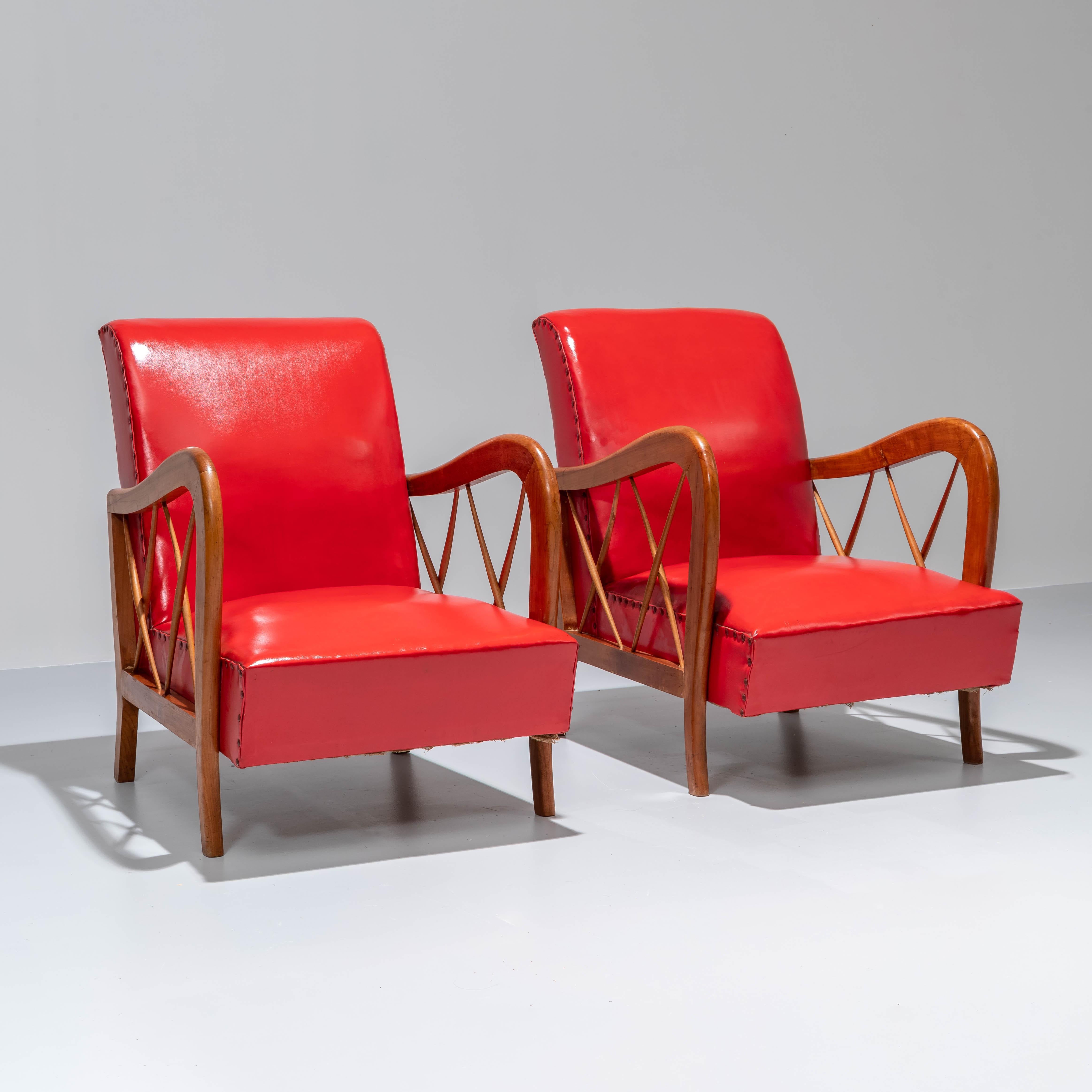 Italian Set of 2 Arm Chairs by Paolo Buffa in Wood and Red Leatherette, Italy, 1950's
