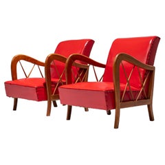 Set of 2 Arm Chairs by Paolo Buffa in Wood and Red Leatherette, Italy, 1950
s