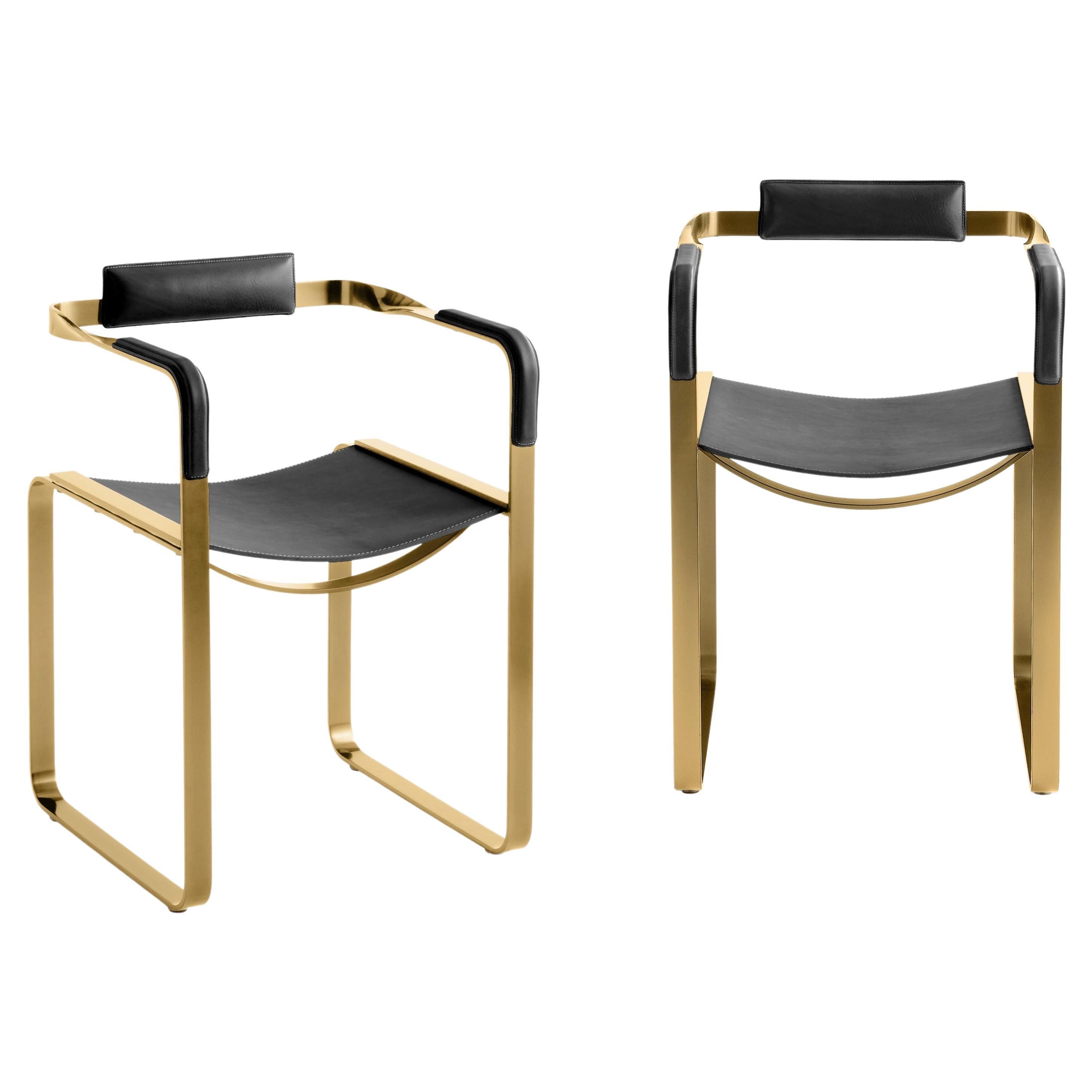 Set of 2 Armchair, Aged Brass Steel & Black Saddle Leather, Contemporary Style For Sale