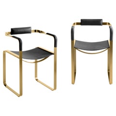 Set of 2 Armchair, Aged Brass Steel & Black Saddle Leather, Contemporary Style