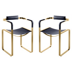 Set of 2 Armchair, Aged Brass Steel & Blue Navy Saddle, Contemporary Style