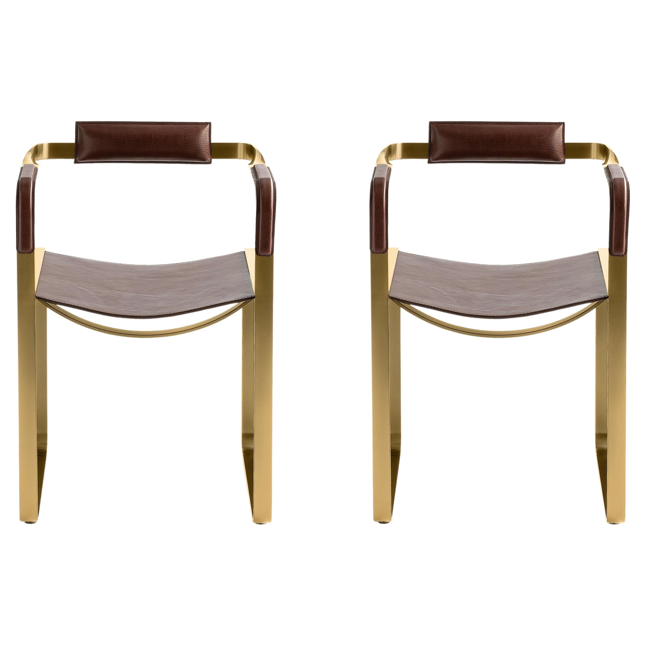 Set of 2 Armchair, Aged Brass Steel & Dark Brown Leather, Contemporary Style