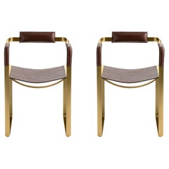 Set of 2 Armchair, Aged Brass Steel & Dark Brown Leather, Contemporary Style