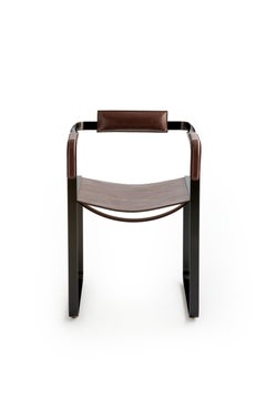 Set of 2 Armchair, Black Smoke Steel and Dark Brown Saddle, Contemporary Design