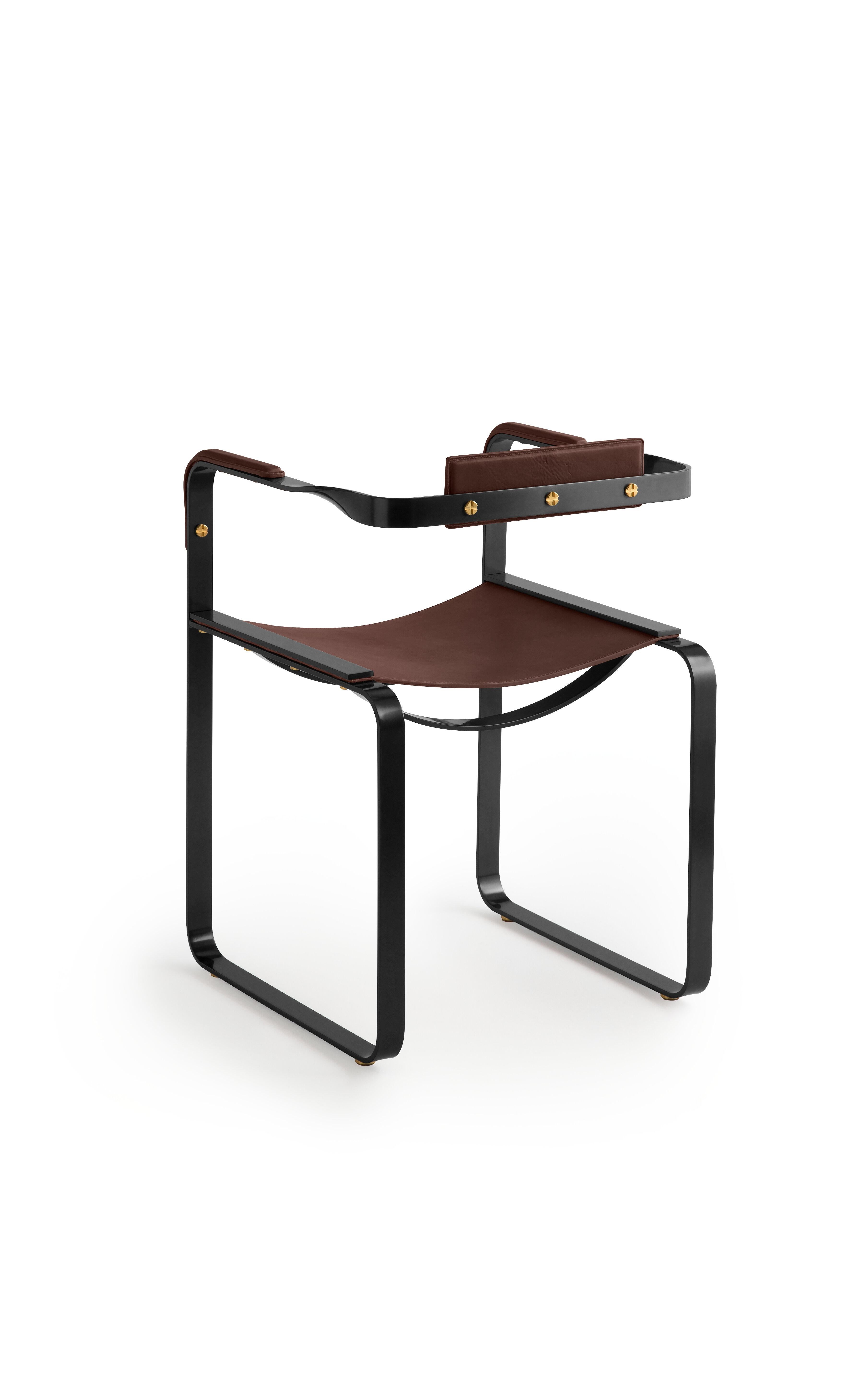 Minimalist Set of 2 Armchair, Black Smoke Steel and Dark Brown Saddle, Contemporary Design For Sale