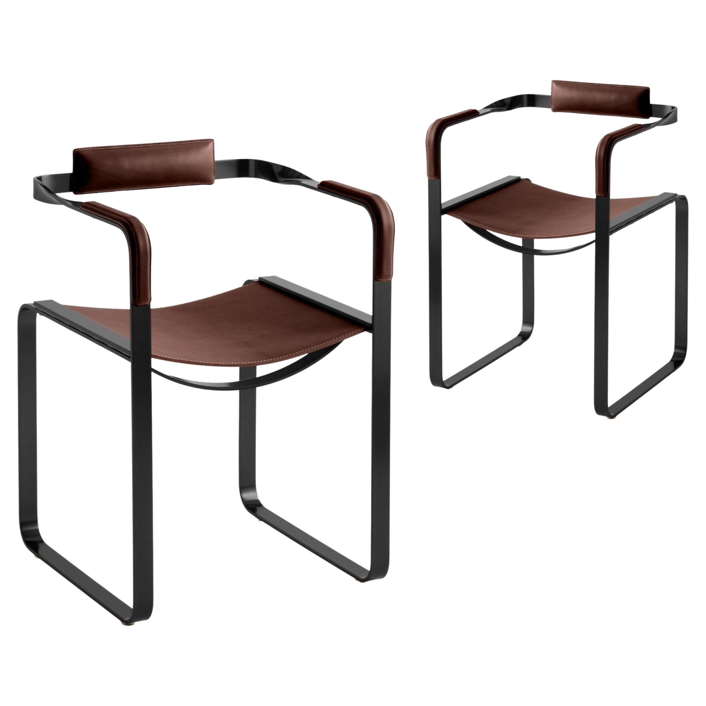 Set of 2 Armchair, Black Smoke Steel and Dark Brown Saddle, Contemporary Design