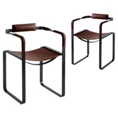 Set of 2 Armchair, Black Smoke Steel and Dark Brown Saddle, Contemporary Design