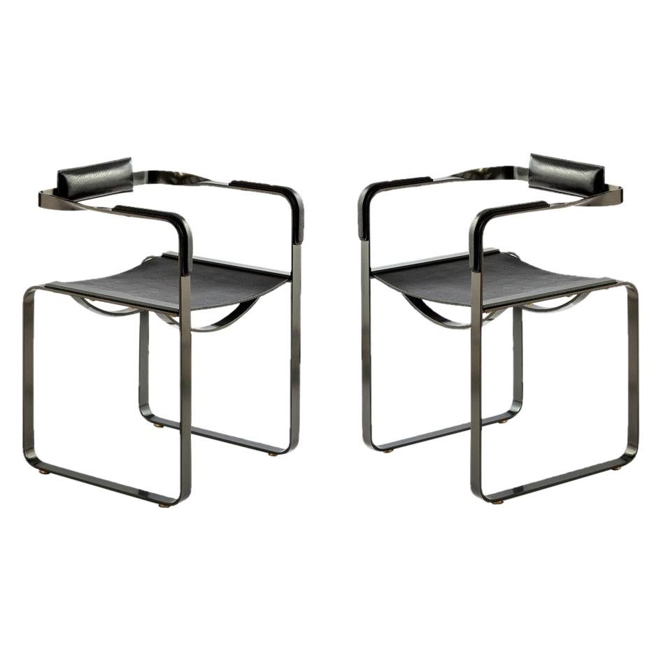 Set of 2 Armchair Black Smoke Steel and Black Leather Contemporary Style For Sale